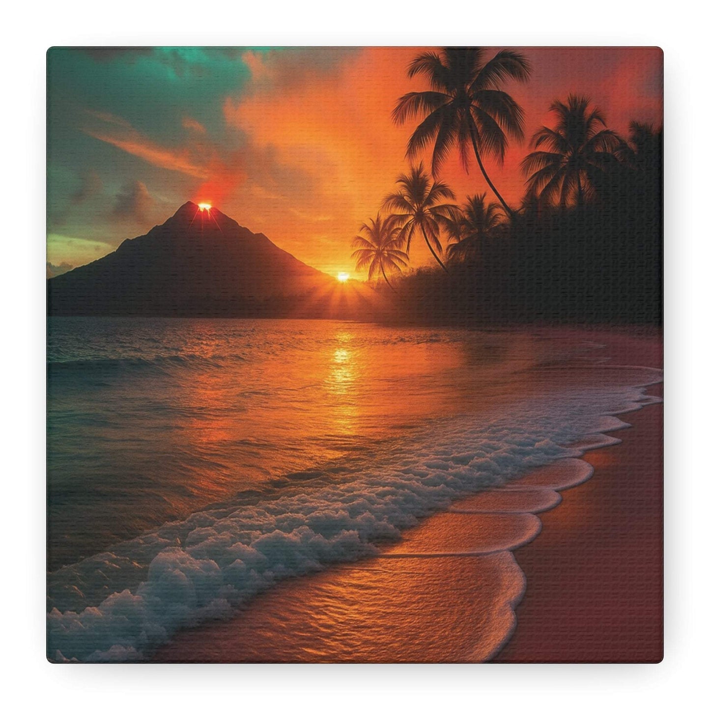 Canvas wall art of red lava flowing and sunrise over ocean with palm trees at beach
