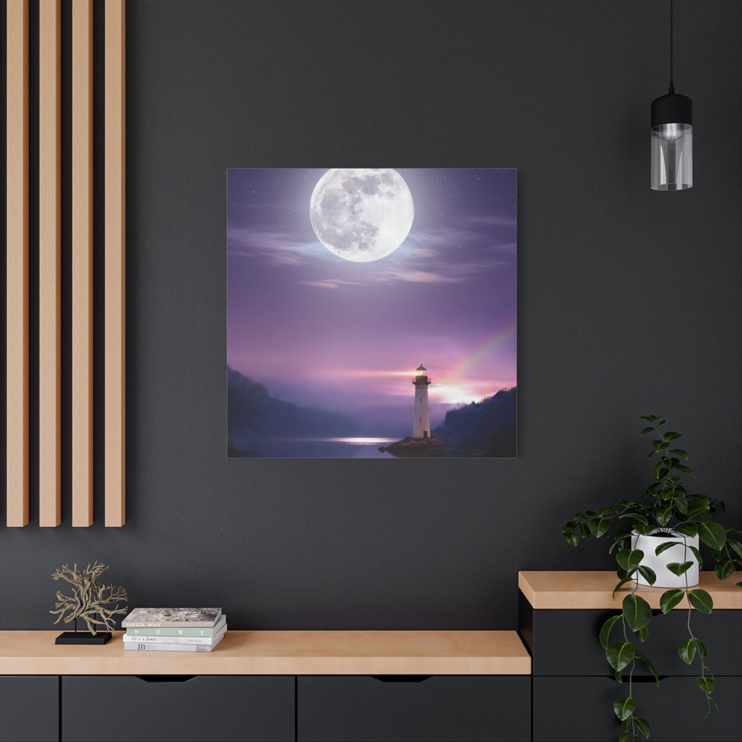 Canvas wall art featuring a serene lighthouse under a full moon with violet and indigo tones reflecting on a calm lake