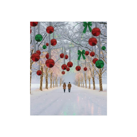 Couple walking under decorated trees with winter Christmas lights and hanging red and green ornaments in snowy park