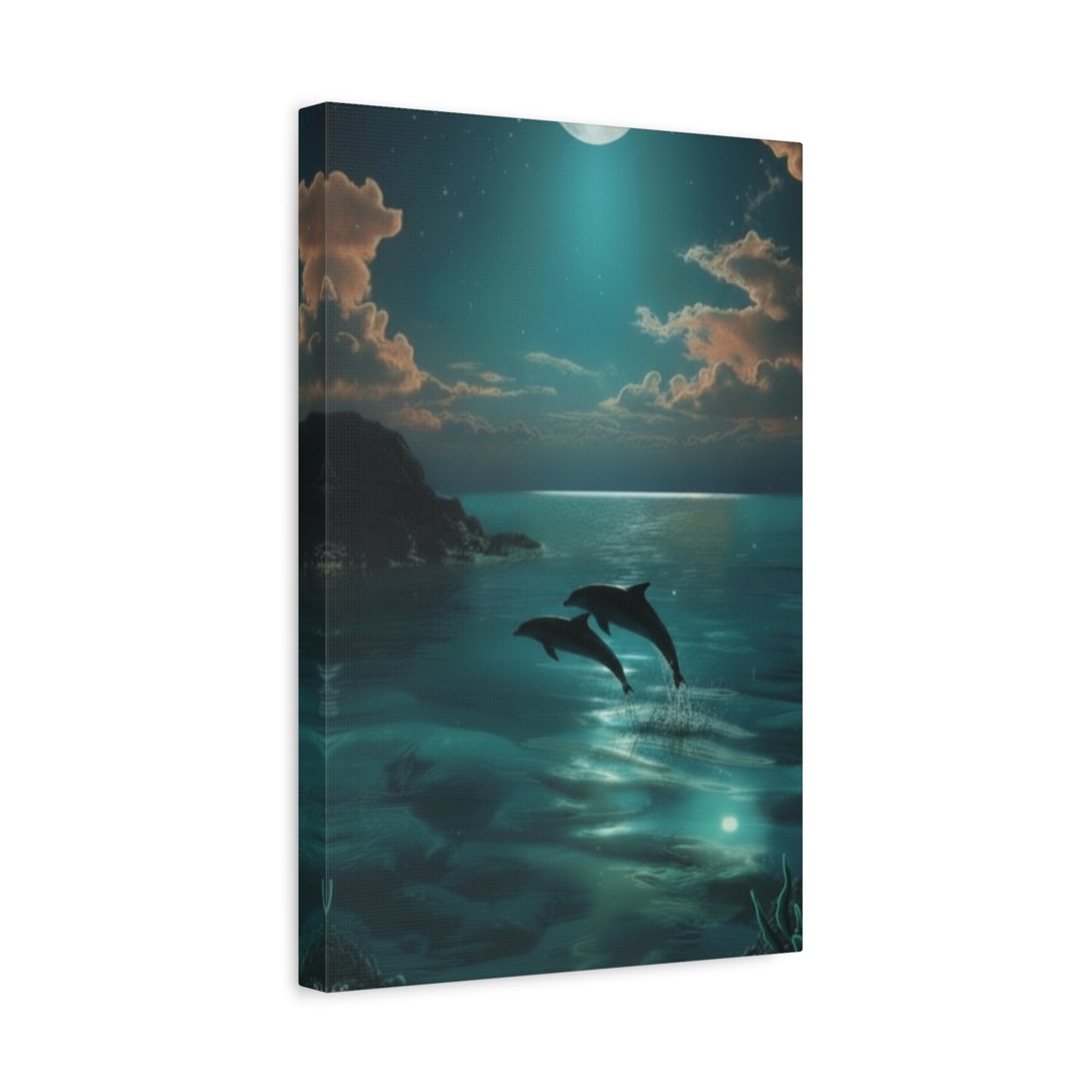 Dolphins in Turquoise Moonlit Ocean Canvas Wall Art