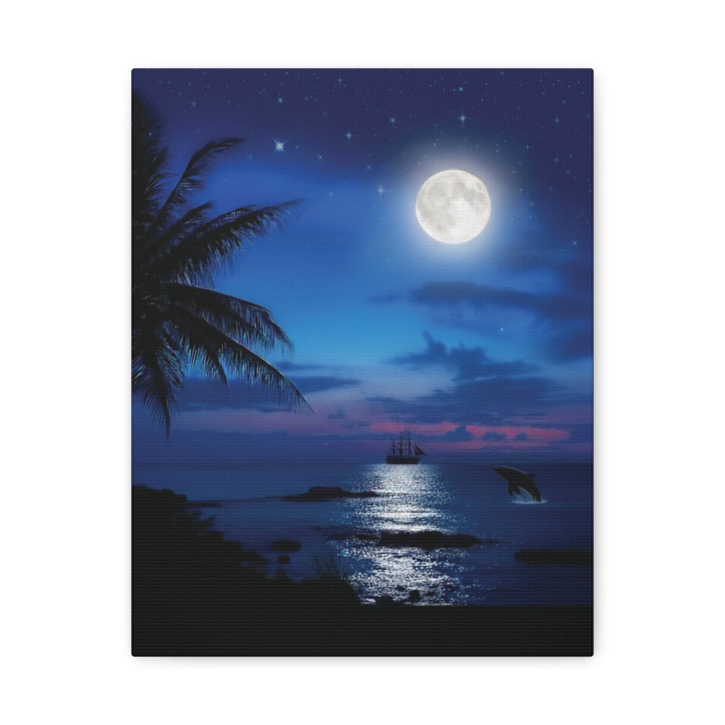 Blue Sky Moon lit Tropical Escape Canvas Wall Art