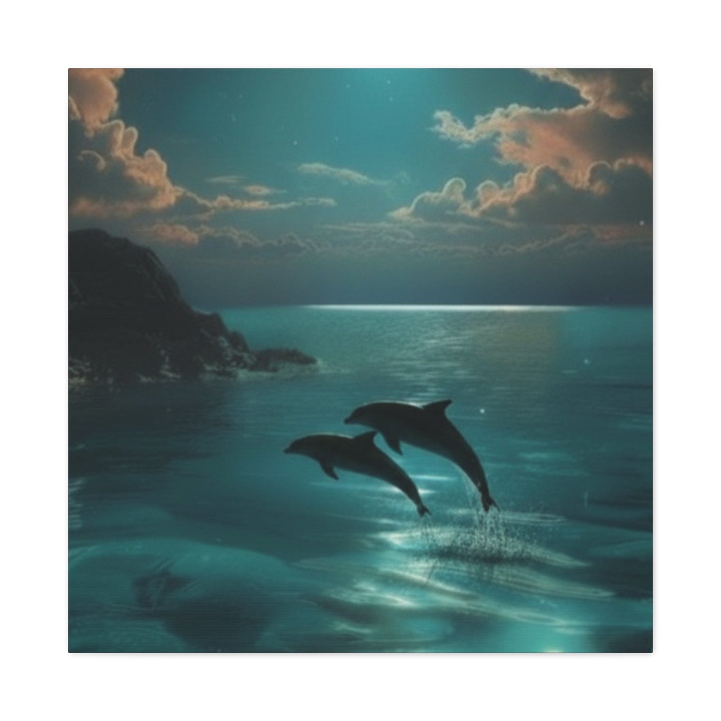 Dolphins in Turquoise Moonlit Ocean Canvas Wall Art