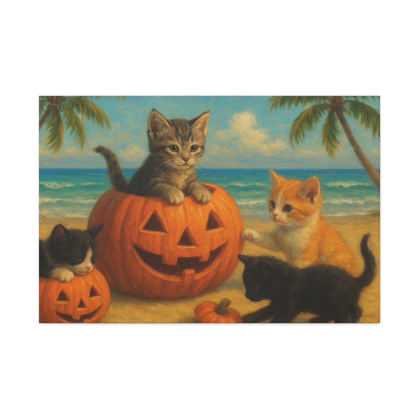 Canvas-Pumpkin Kittens wall art with playful kittens and jack-o'-lanterns on a beach background, perfect fall and Halloween decor for cat lovers.