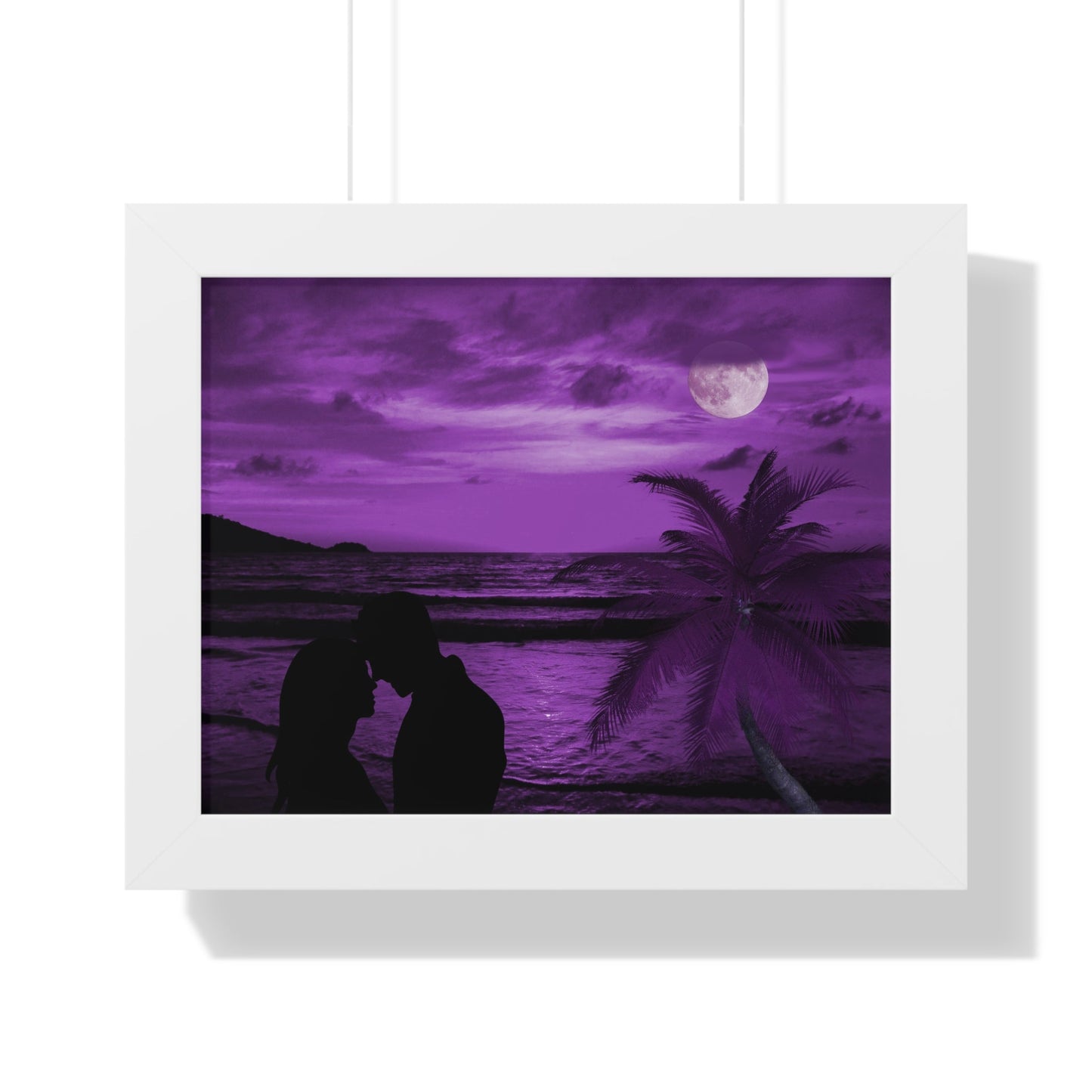 Romantic purple framed poster of a couple silhouetted on a beach with palm trees and a full moon at sunset