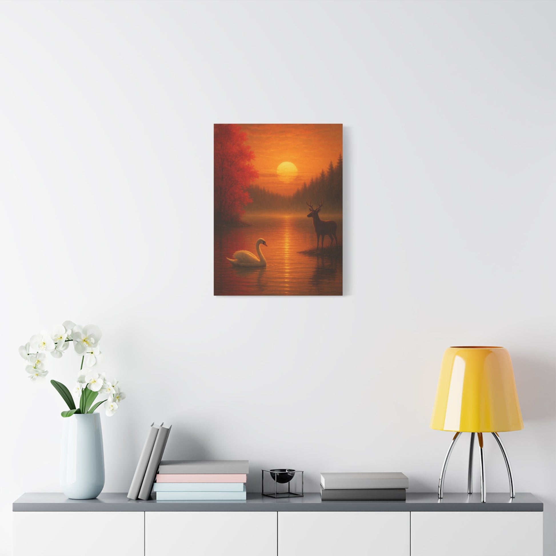 Dusk on the autumn lake sunset canvas with swan, deer, and fiery orange sky wall art