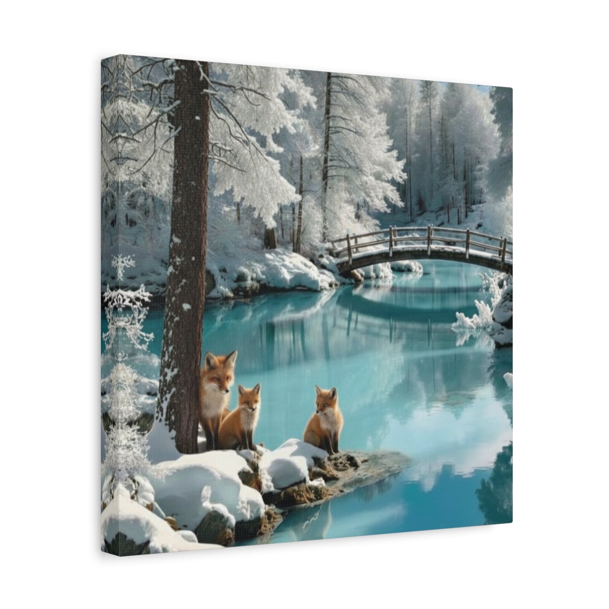 Canvas wall art featuring winter landscape with foxes by snowy lake and wooden bridge