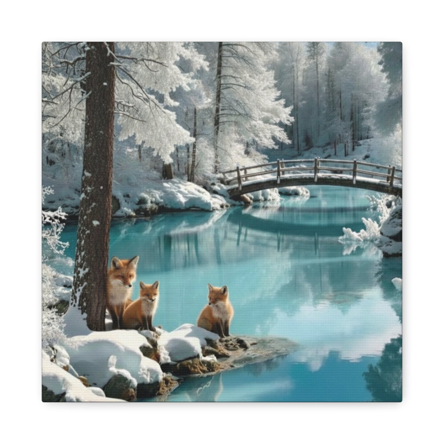 Canvas wall art featuring winter foxes by snowy river with wooden bridge and frosted trees