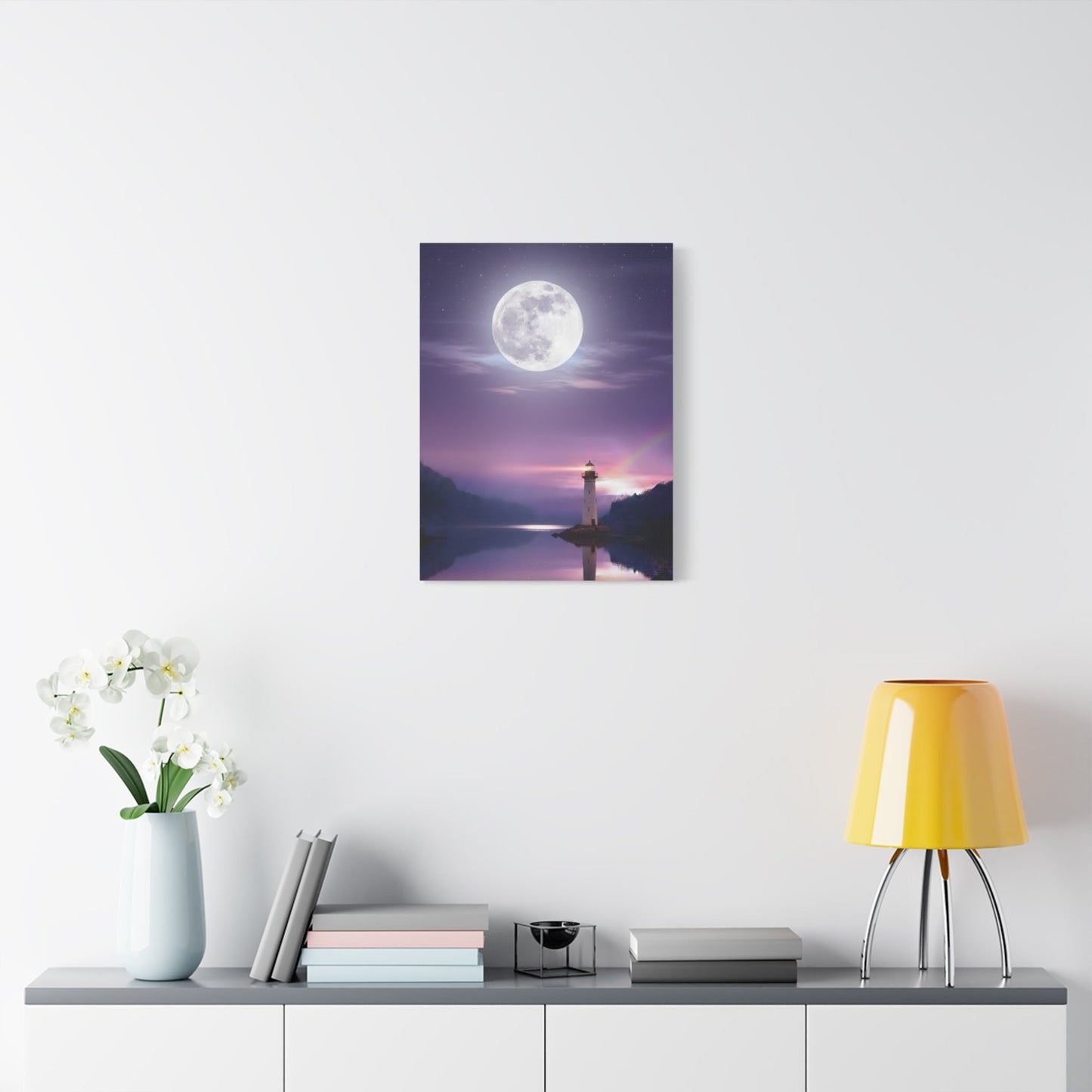 Canvas wall art featuring a serene full moon over a calm lake with a glowing lighthouse in violet and indigo tones