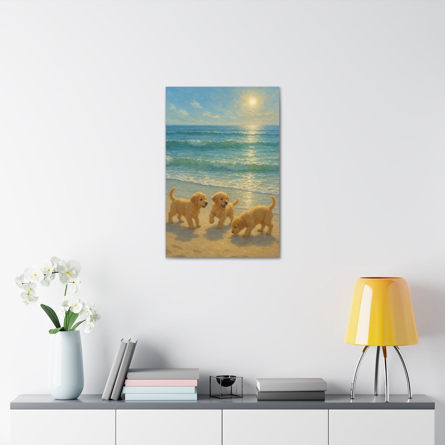 Abstract canvas wall art of Golden Retriever puppies playing on a sunny beach with waves and sunlight reflection