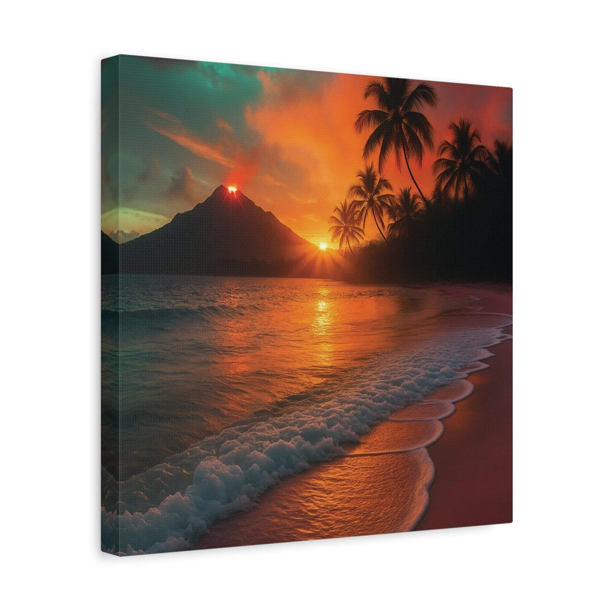 Canvas wall art of red lava and sunrise reflecting on ocean with palm trees at peaceful beach