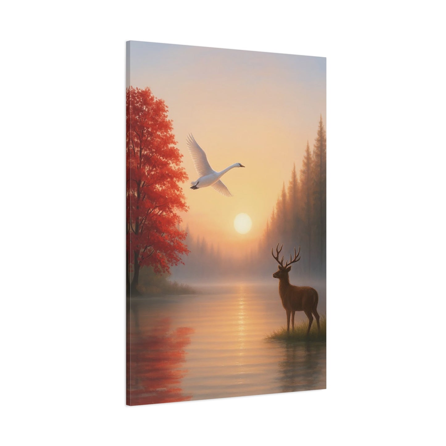 Wall Art Stretched canvas depicting a serene dawn landscape with a flying swan, rising sun, red tree, and a standing deer by a calm lake
