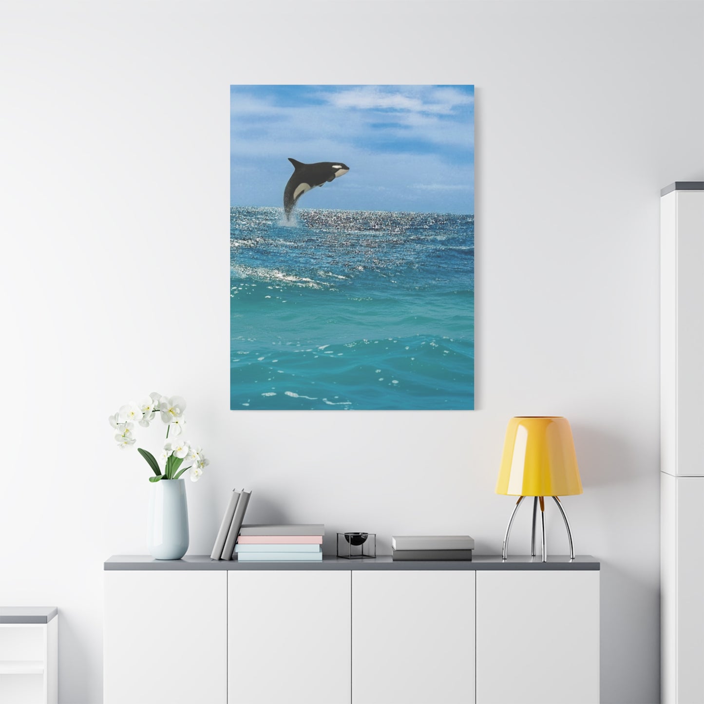 Orca Playing in Blue sunlit Coastal Ocean Canvas Wall Art