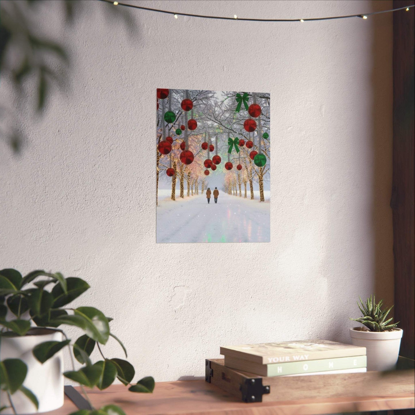 Couple walking under decorated trees with winter Christmas lights poster on wall in cozy room setting