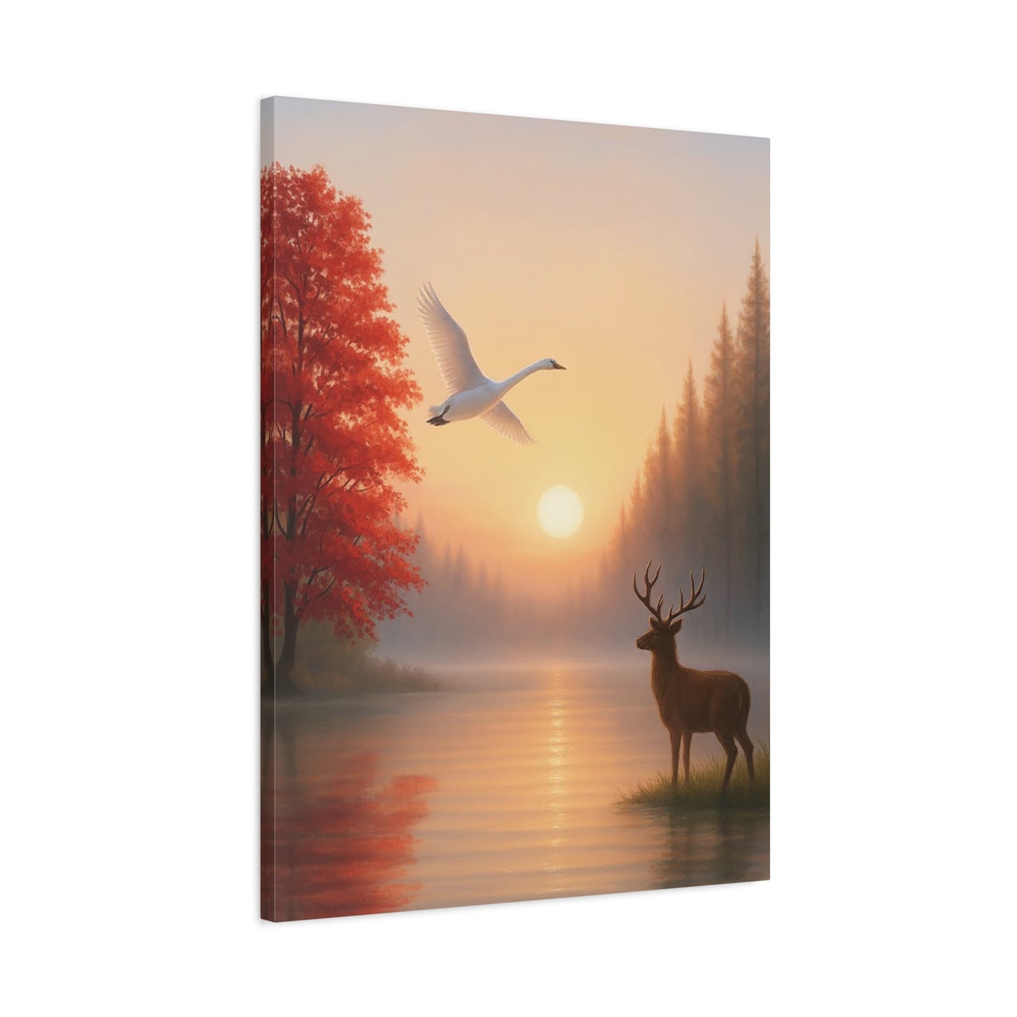 Wall art stretched canvas featuring a serene dawn scene with a flying swan, deer by a lake, and autumn trees at sunrise.