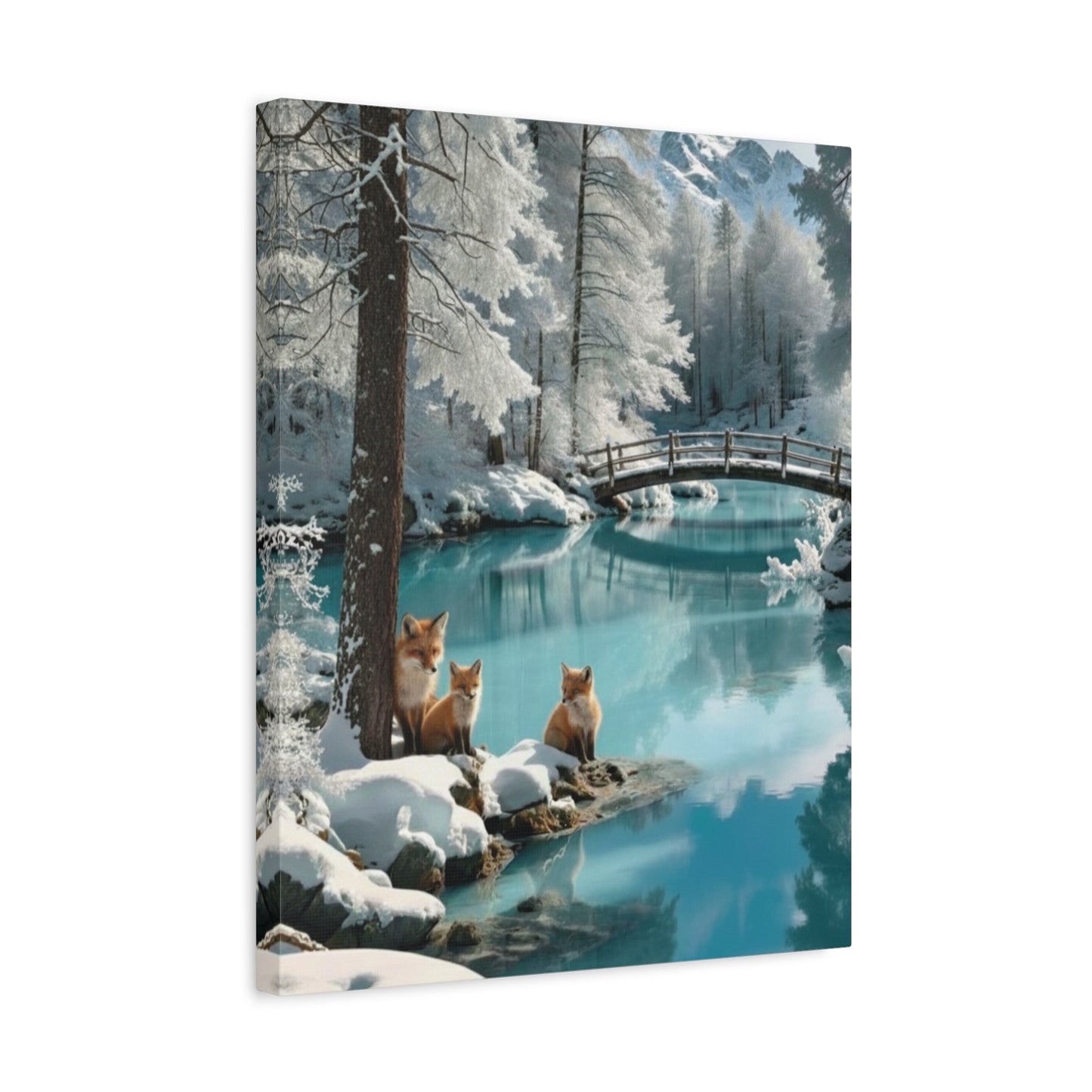 Canvas wall art featuring winter landscape with snowy trees, a wooden bridge, and three foxes by a tranquil river.