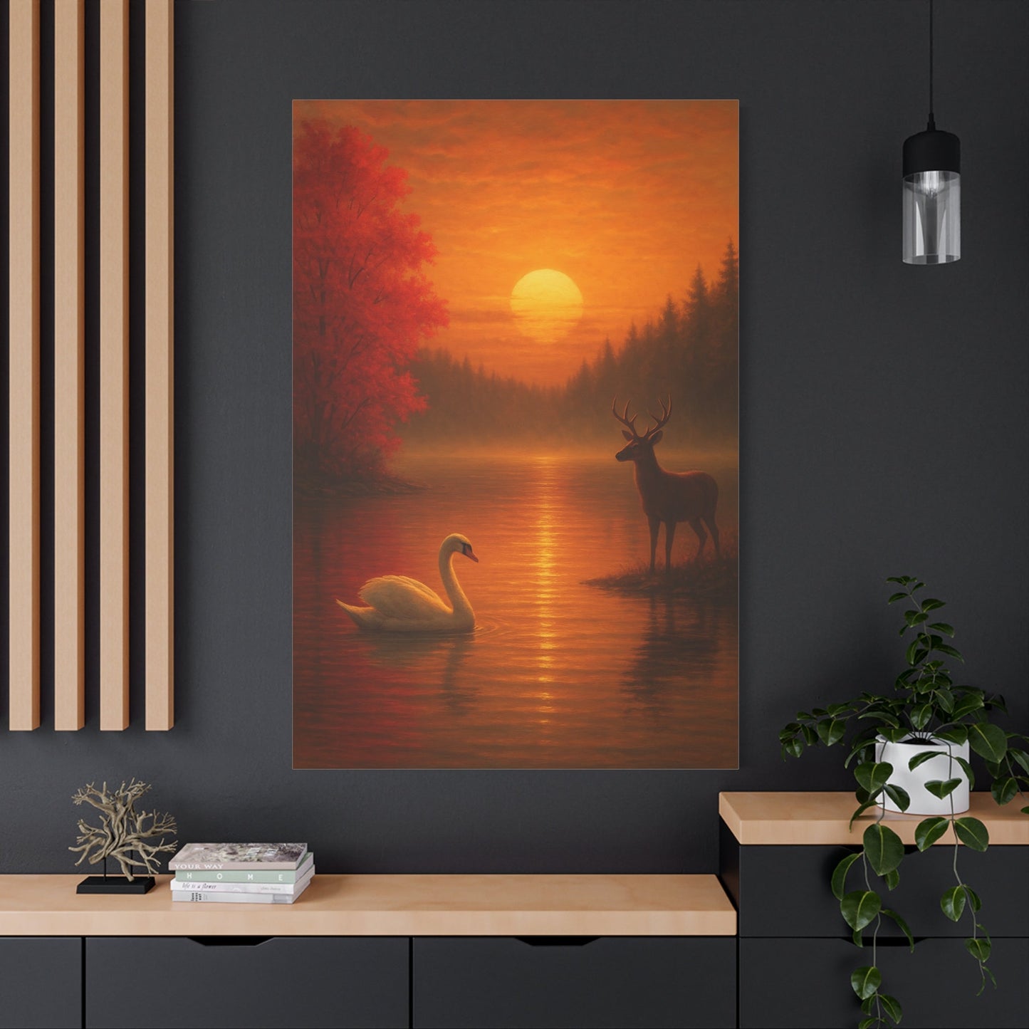 Dusk on the Autumn Lake Sunset canvas wall art with swan, deer, and vibrant autumn colors