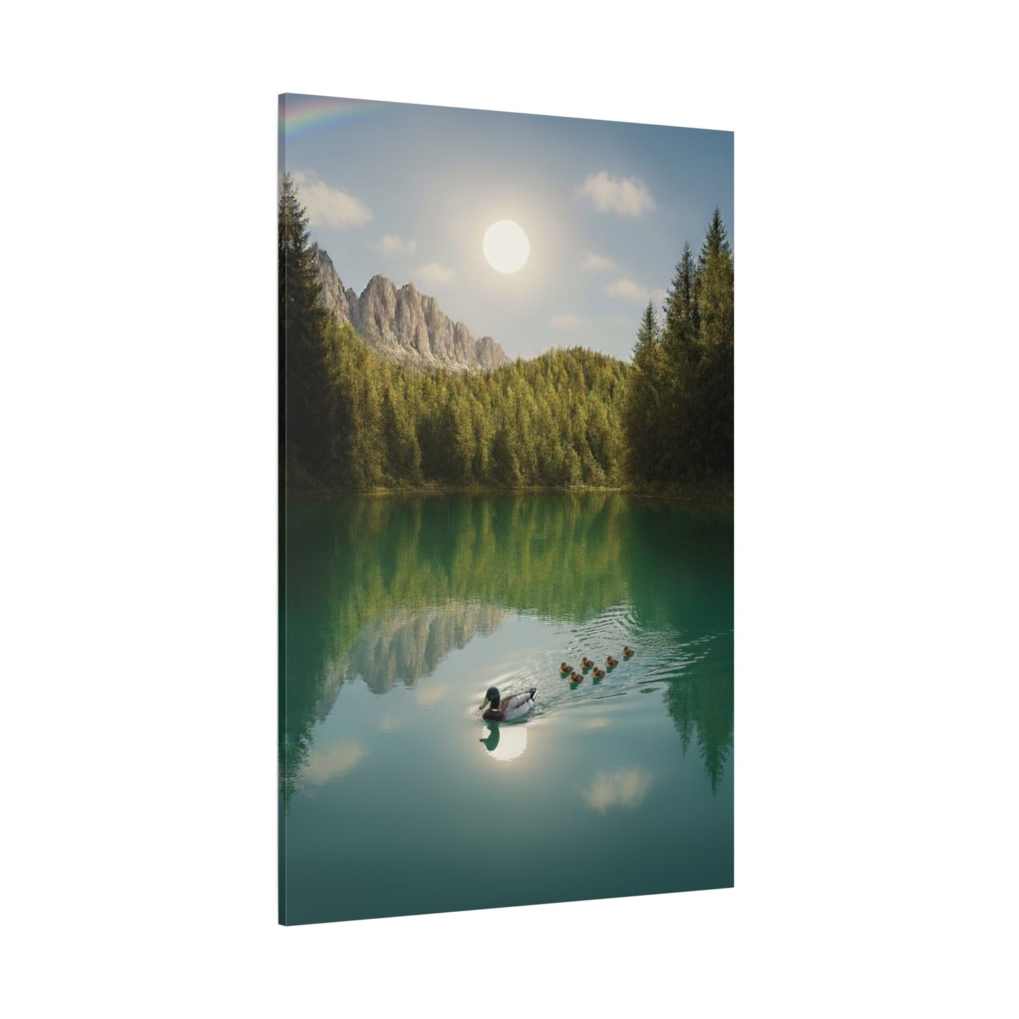 Family of Ducks Swimming in Turquoise Lake Canvas Wall art print