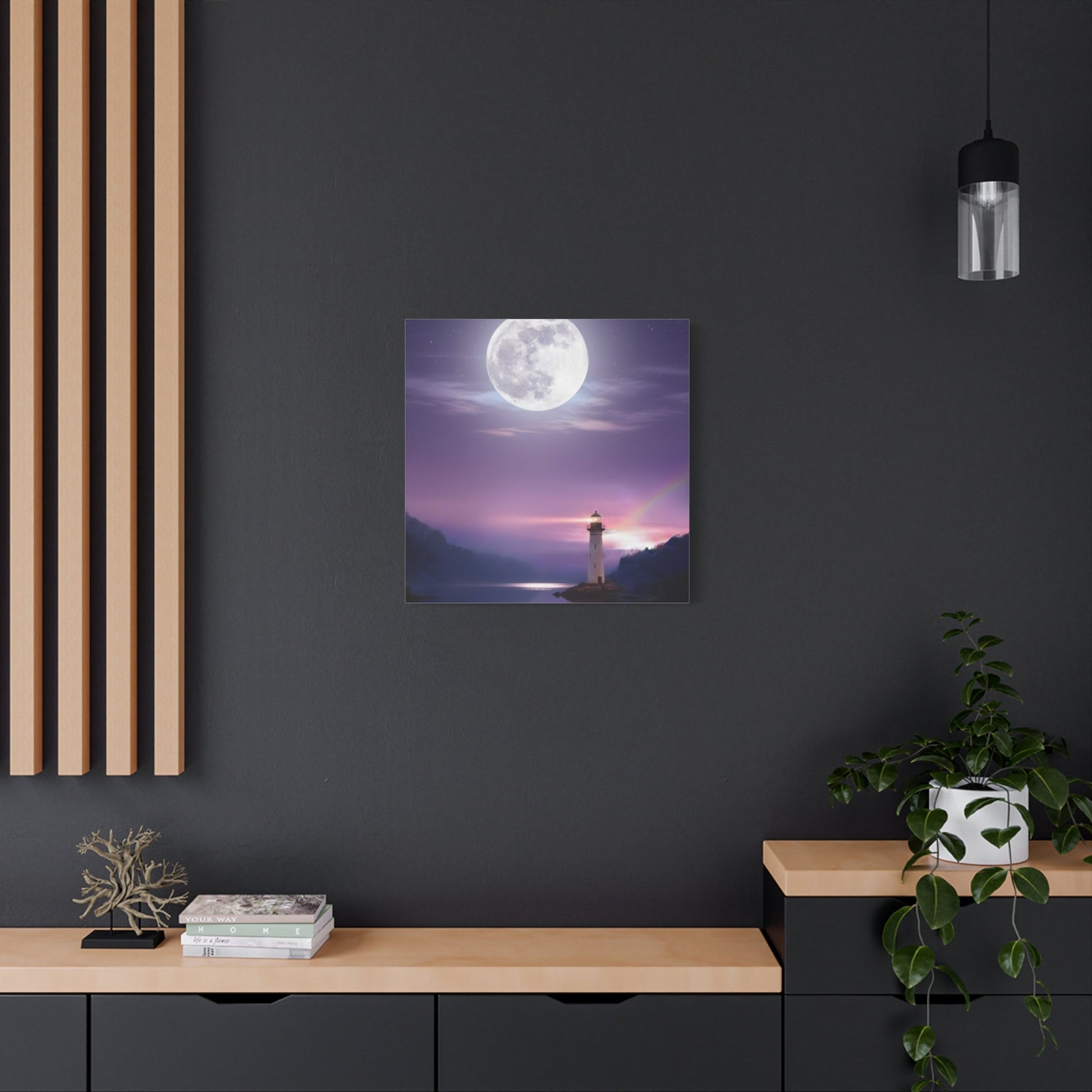 Canvas wall art featuring a serene full moon over a calm lake with a lighthouse, in violet and indigo tones