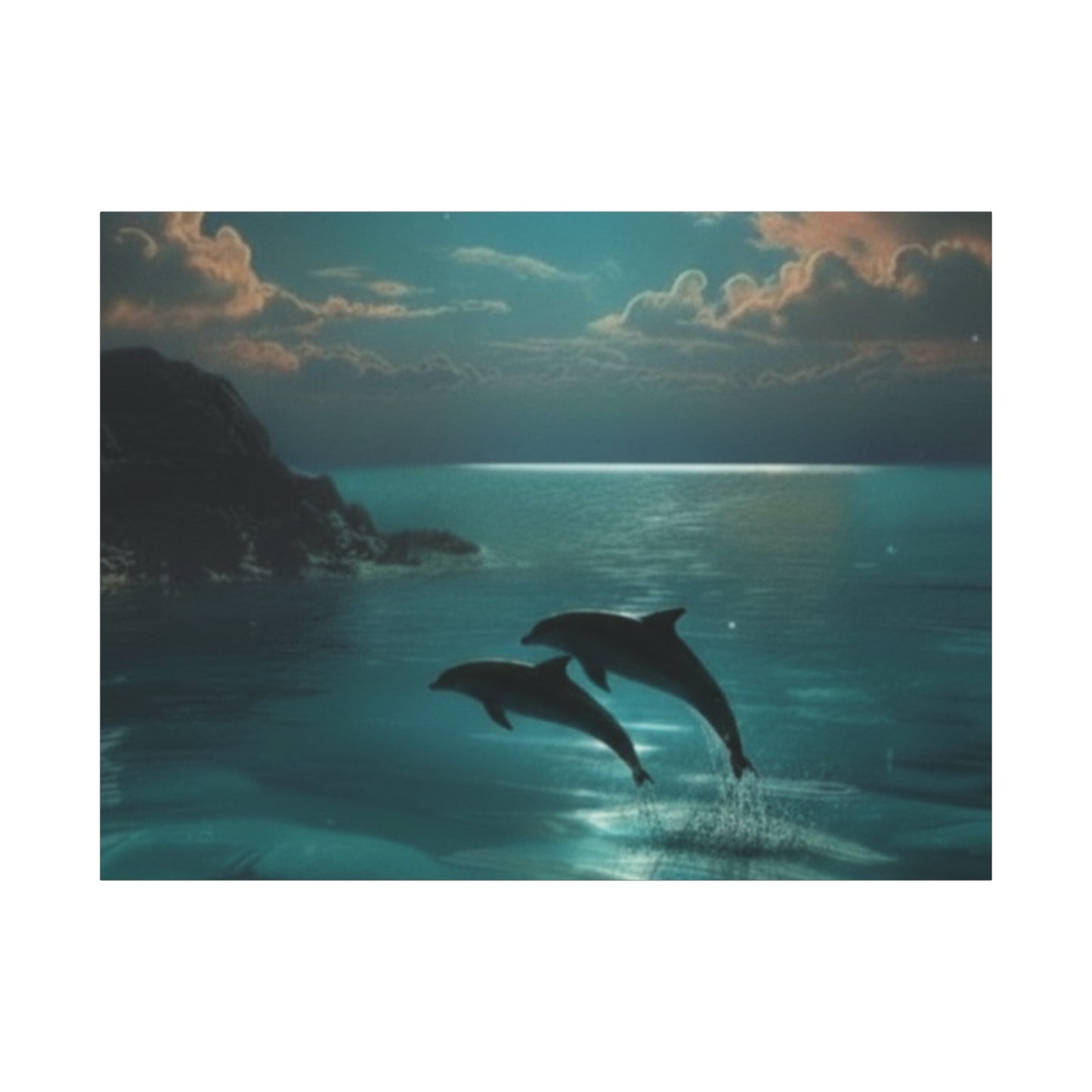 Dolphins in Turquoise Moonlit Ocean Canvas Wall Art