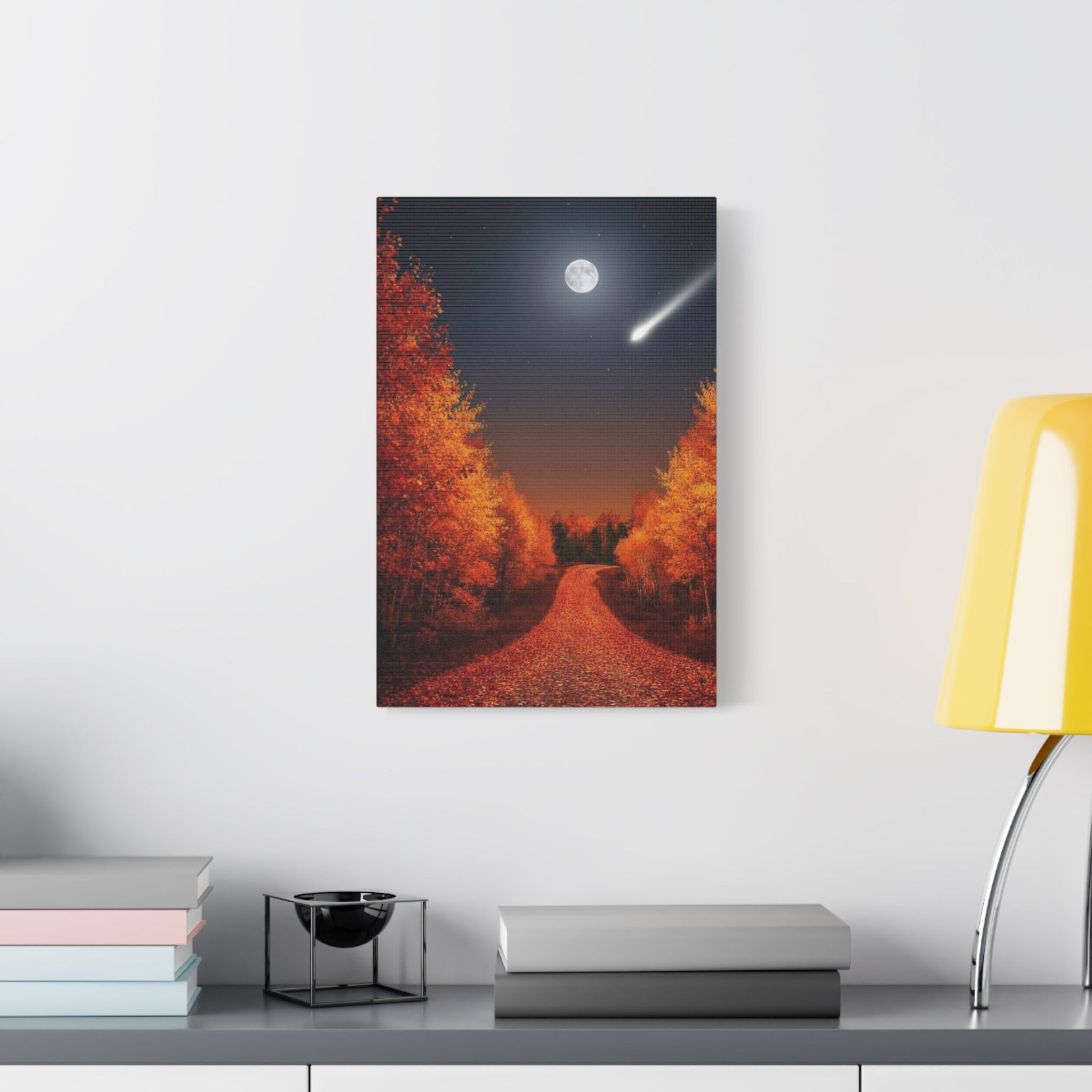 Canvas wall art of autumn forest road under full moon with shooting star and fall foliage