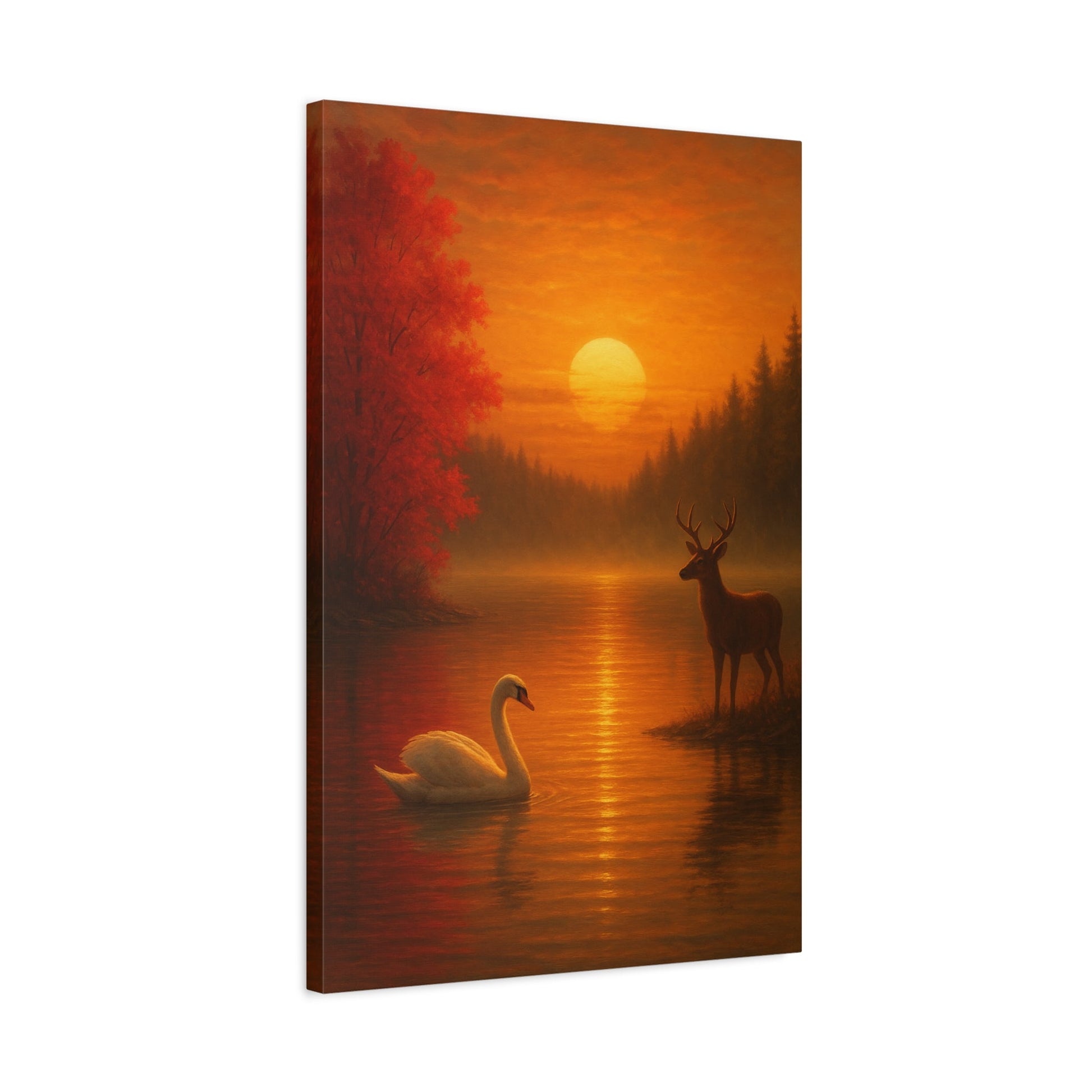 Dusk on the Autumn Lake Sunset canvas wall art featuring swan, deer, and fiery orange lake scene