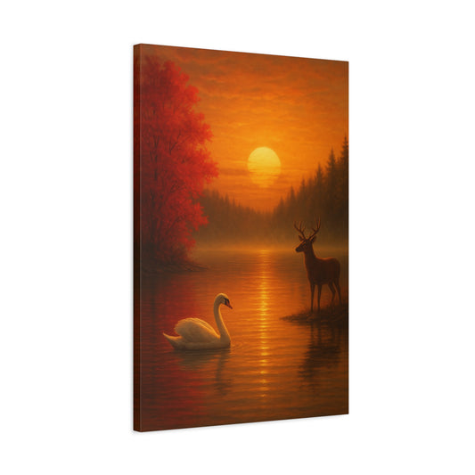 Dusk on the Autumn lake with swan and deer during sunset(Pair: 1 OF2)
