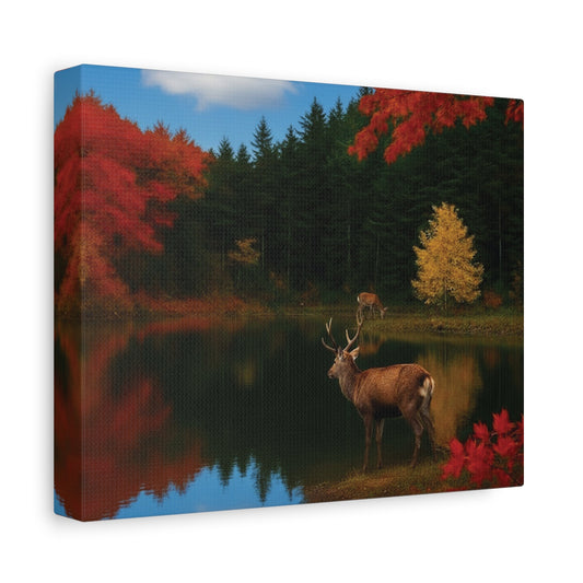 Autumn foliage and Deer by the lake Canvas wall art print