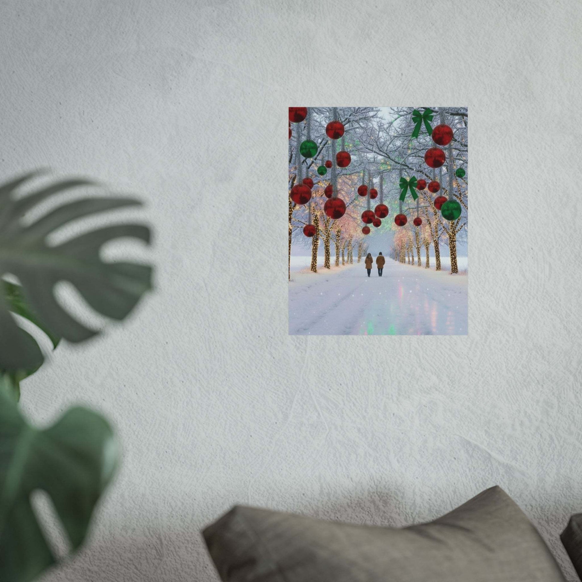 Couple walking under decorated winter Christmas lights poster on wall