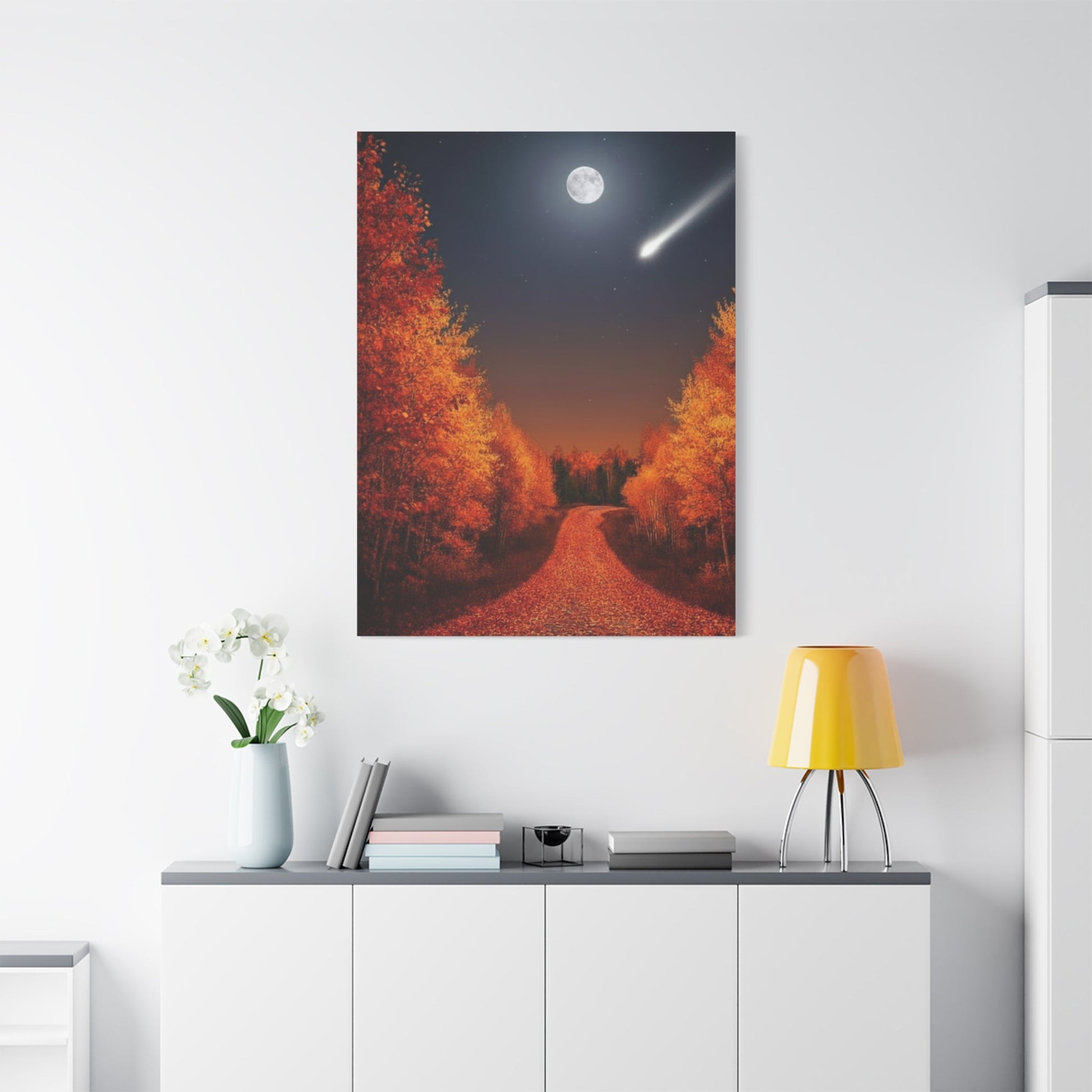 Autumn forest road canvas wall art with full moon and shooting star in warm fall colors