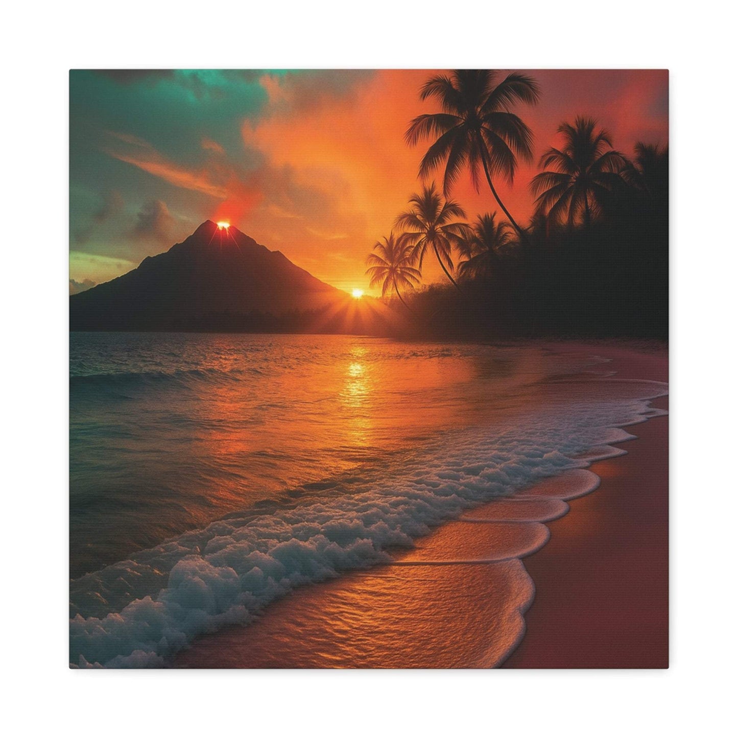 Canvas wall art of red lava flowing with sunrise over ocean and palm trees at beach