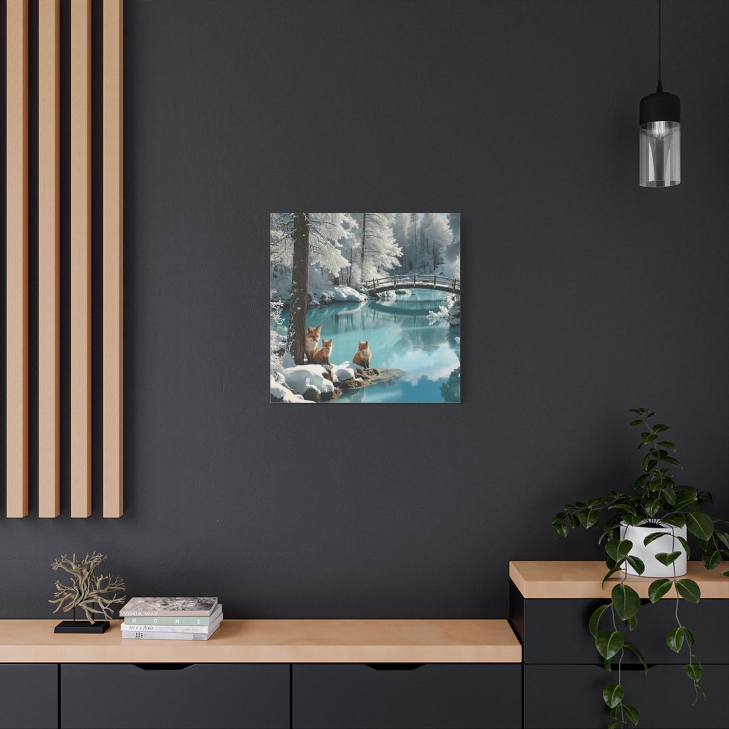 Canvas wall art featuring winter foxes by a serene snowy lake with a bridge, enhancing modern and rustic interiors.