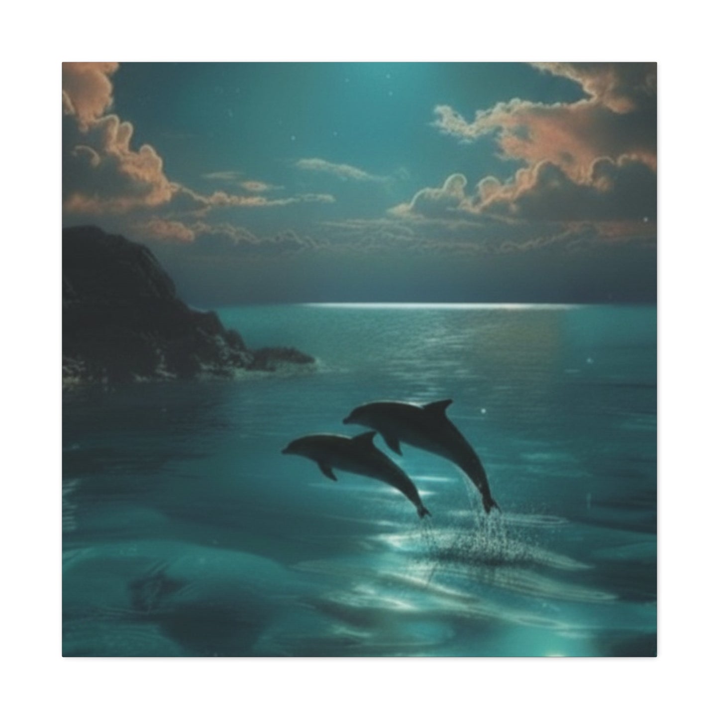 Dolphins in Turquoise Moonlit Ocean Canvas Wall Art