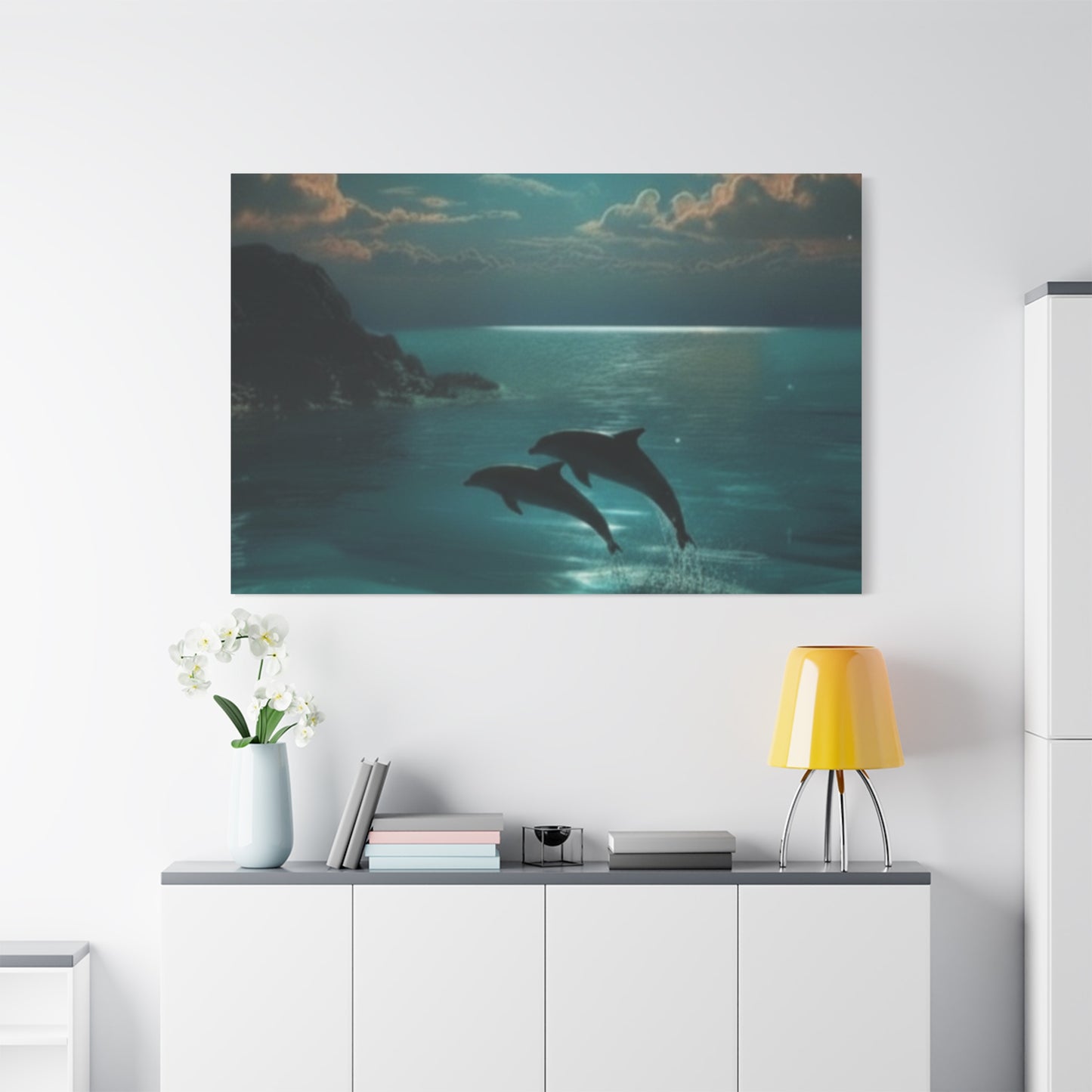 Dolphins in Turquoise Moonlit Ocean Canvas Wall Art