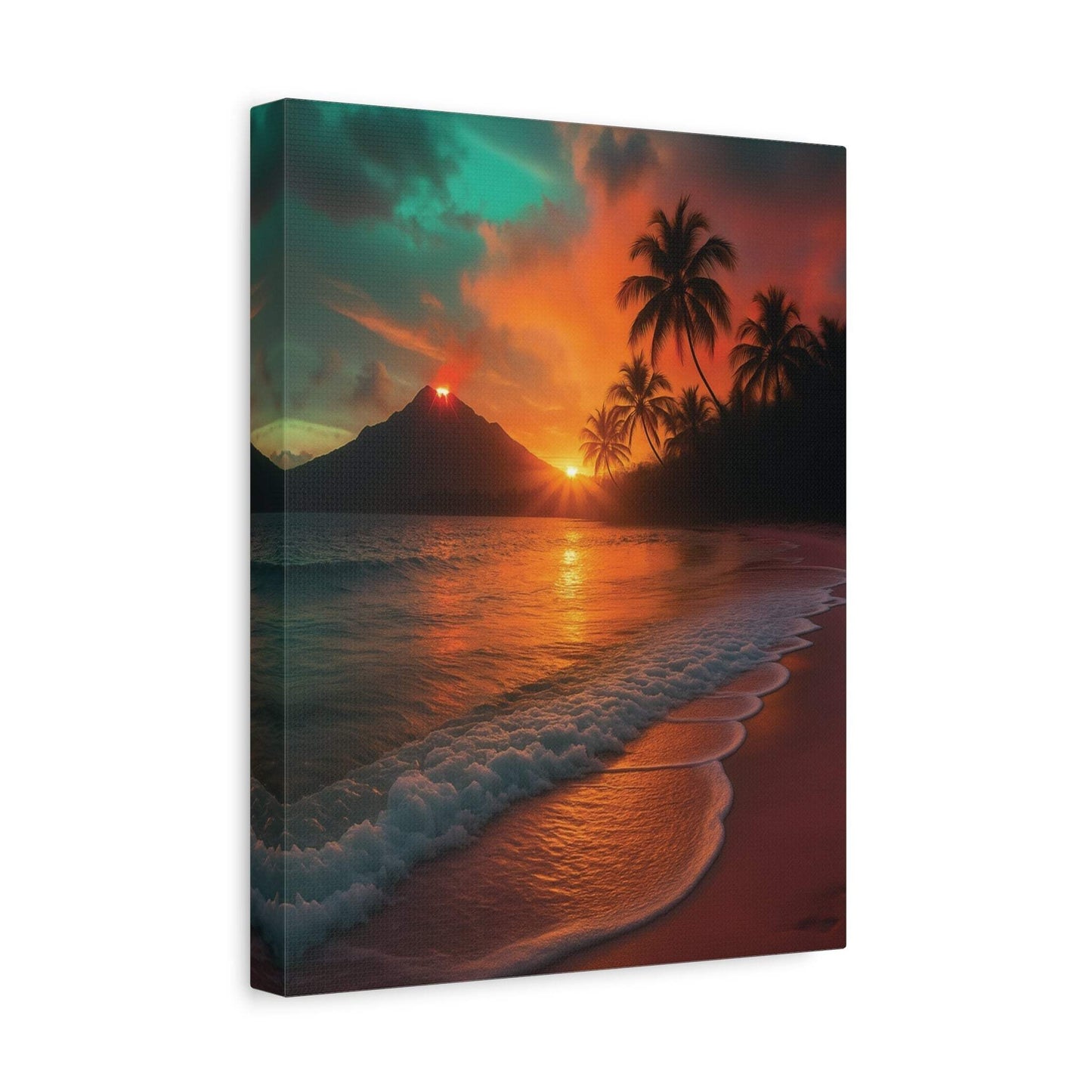 Canvas wall art featuring red lava volcano and sunrise over ocean with palm trees at beach sunset