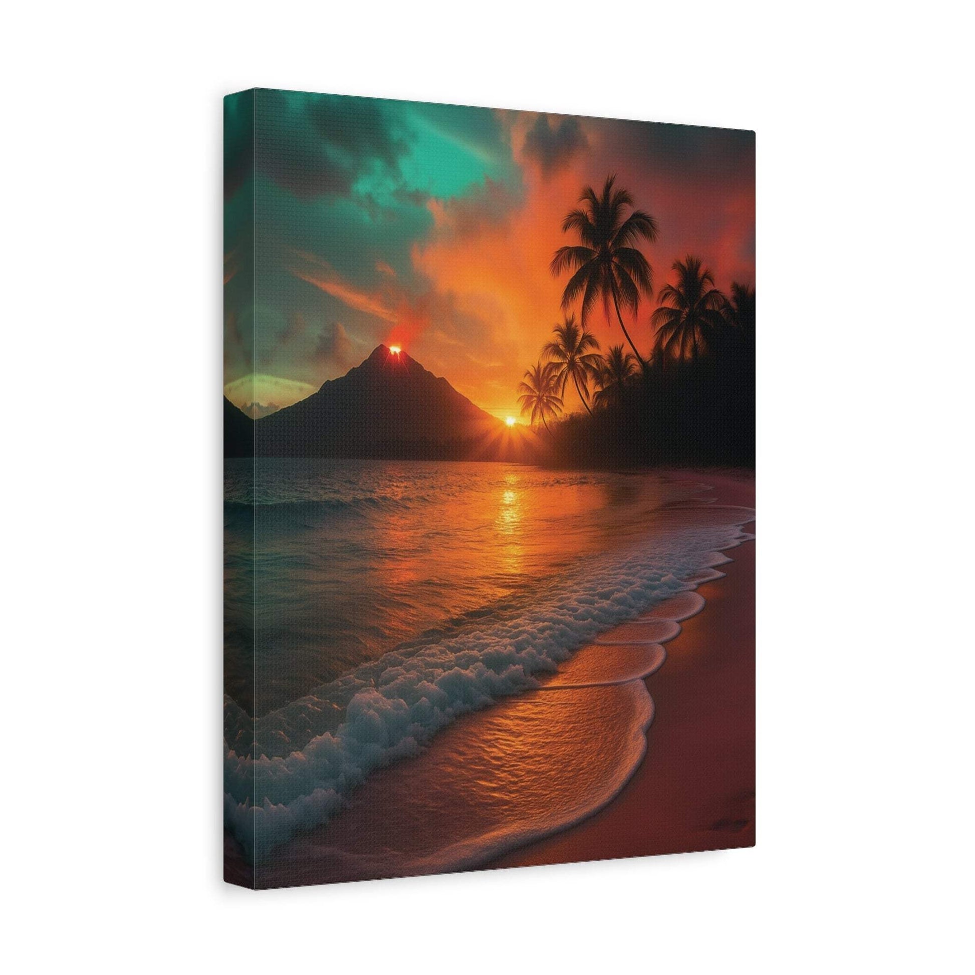Canvas wall art featuring red lava volcano and sunrise over ocean with palm trees at beach sunset