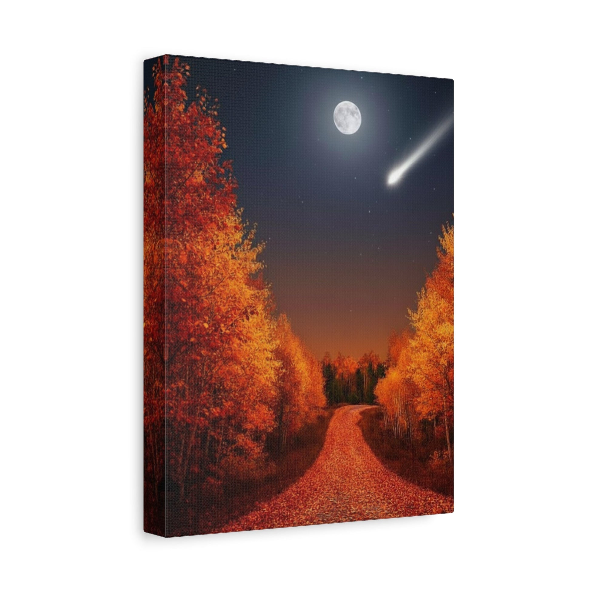 Canvas wall art depicting a quiet autumn forest road under a full moon with warm fall foliage and a shooting star