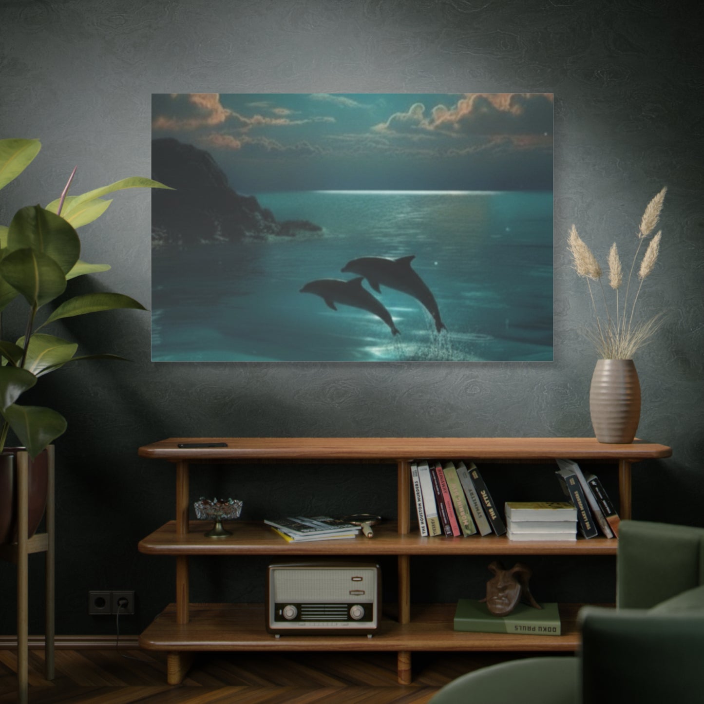 Dolphins in Turquoise Moonlit Ocean Canvas Wall Art