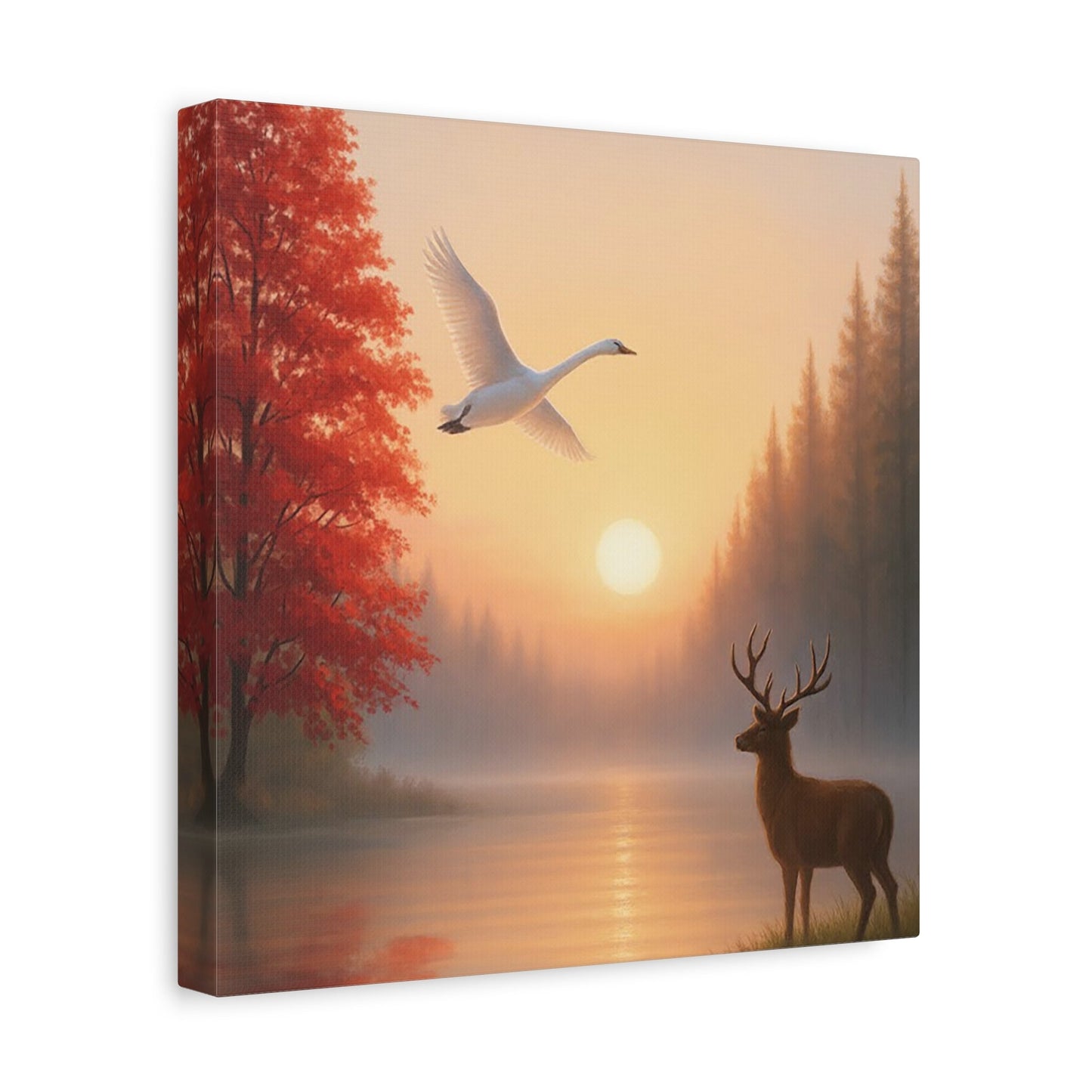 Wall Art Stretched canvas featuring sunrise over lake with deer silhouette and flying swan in misty nature scene