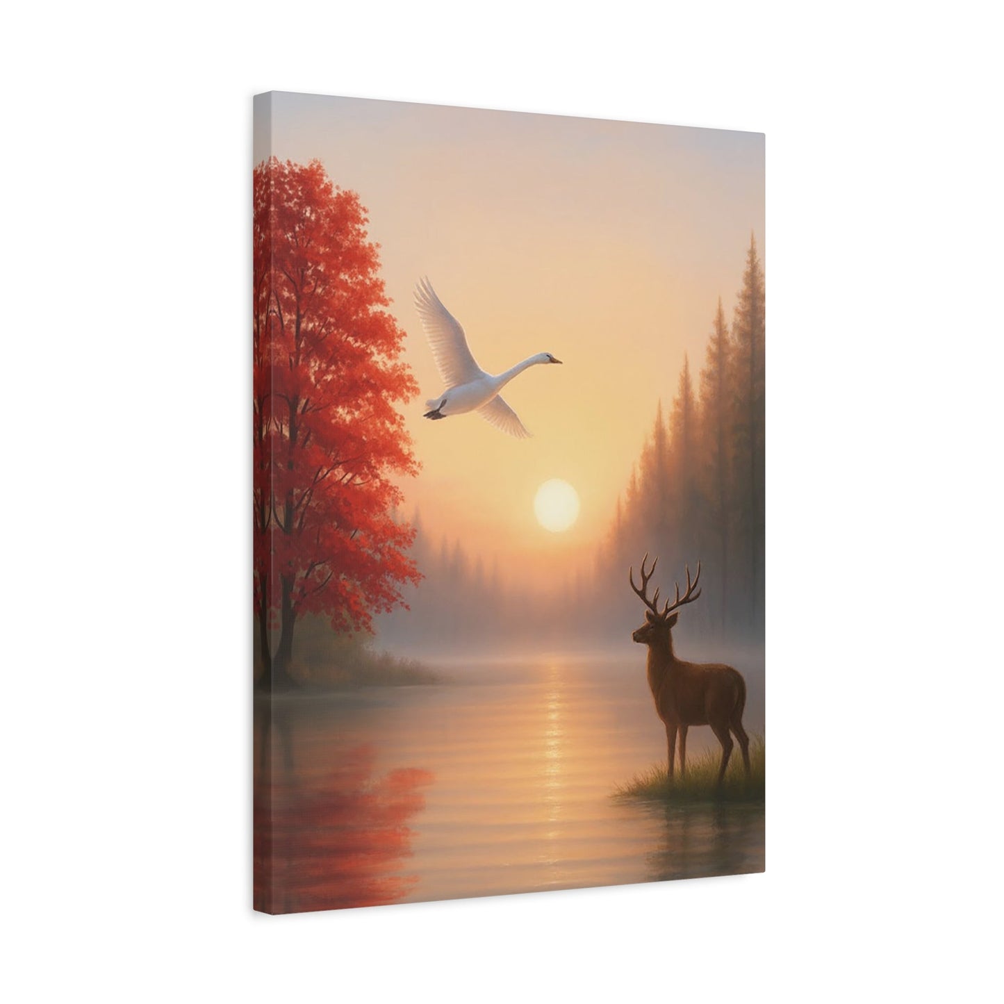 Wall art stretched canvas of dawn sunrise with a swan flying over a lake and a deer standing by water under glowing sun