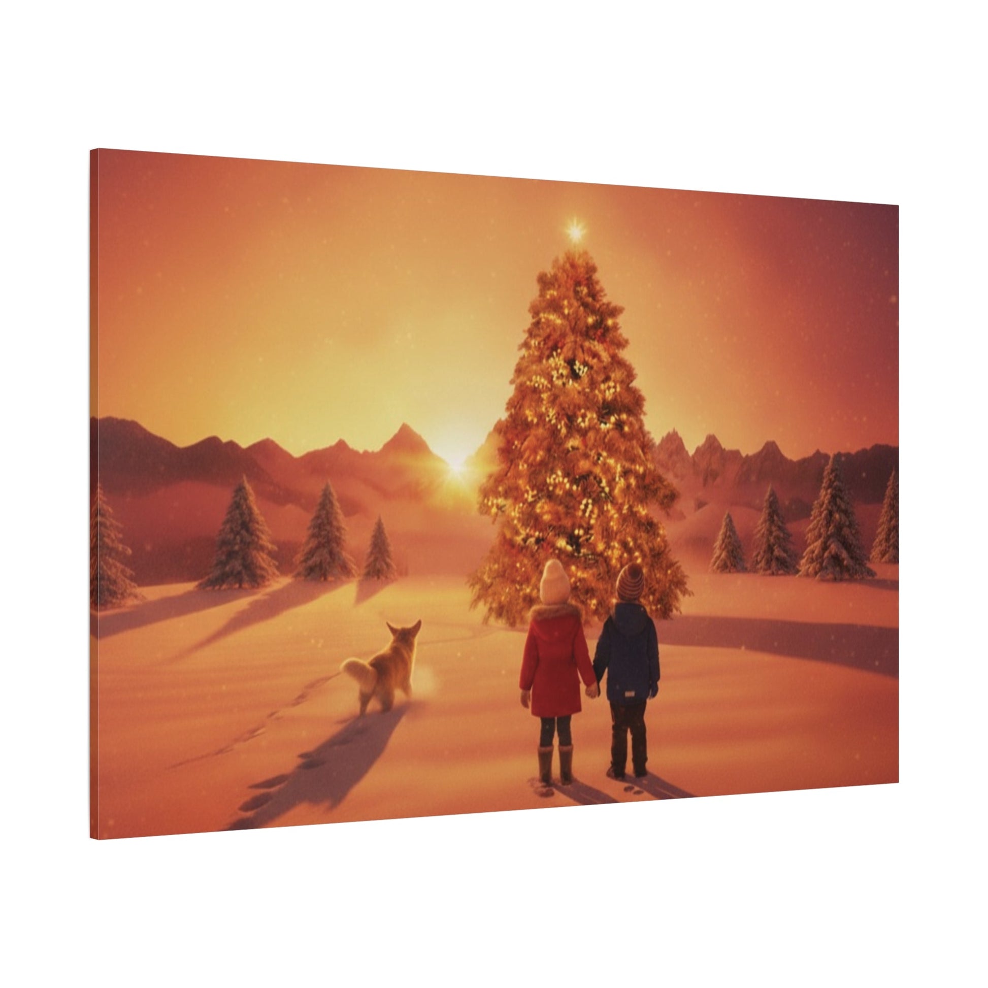 Canvas wall art of children and dog by Christmas tree at dawn in snowy landscape