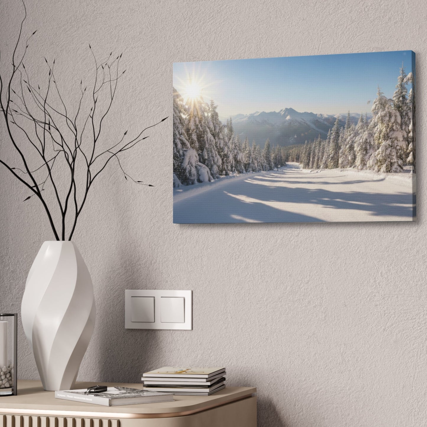 Canvas wall art depicting a serene snowy trail with pine trees and mountains under a clear blue sky