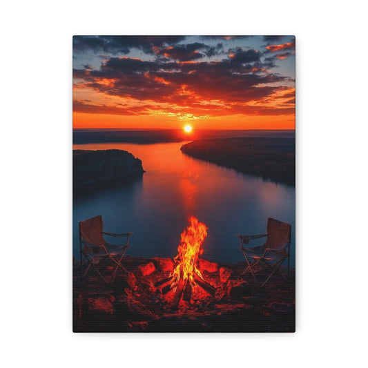 Red Sunset River Canvas — Relaxing by Fire Matte Stretched Wall Art