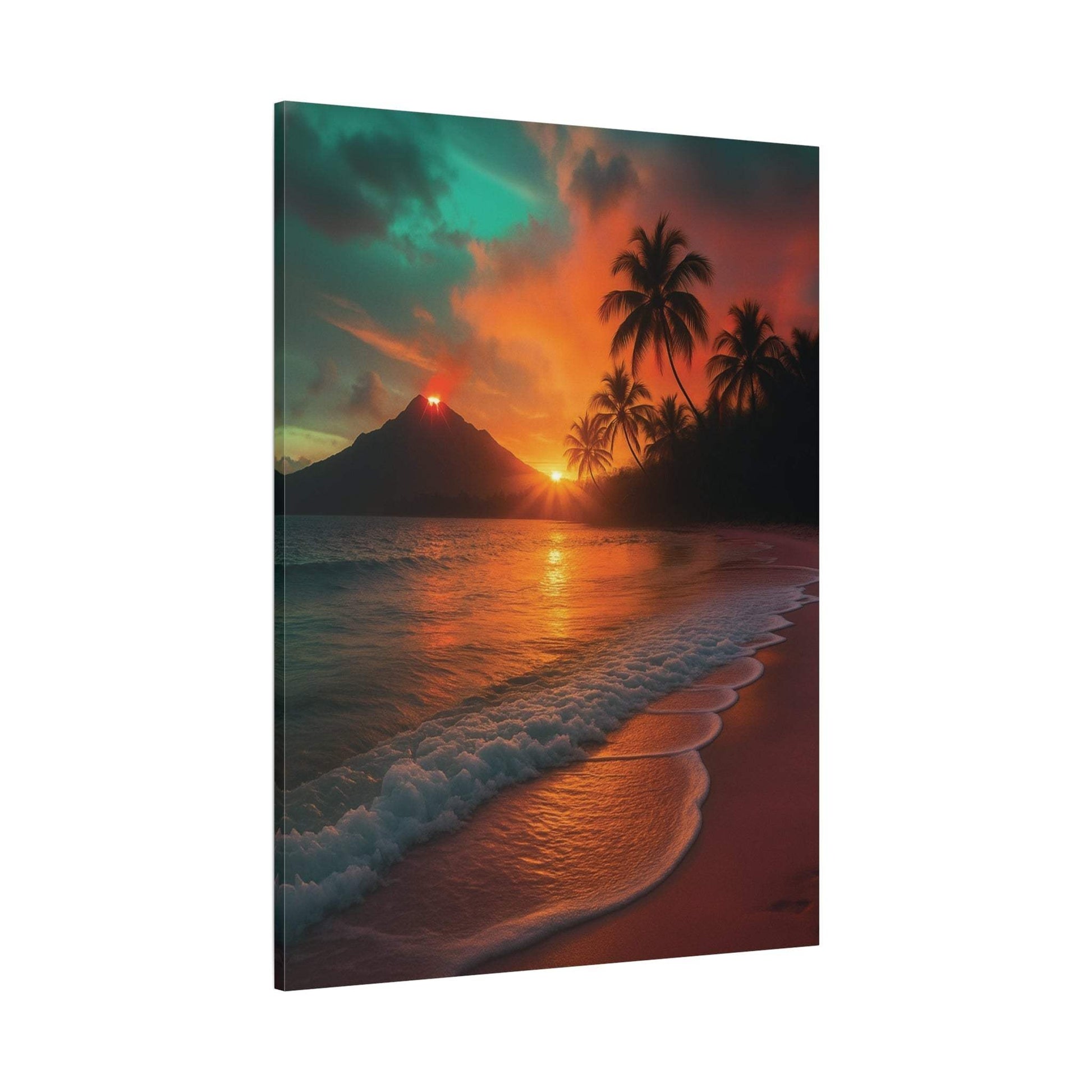 Canvas wall art featuring red lava flow and sunrise over ocean with palm trees at beach