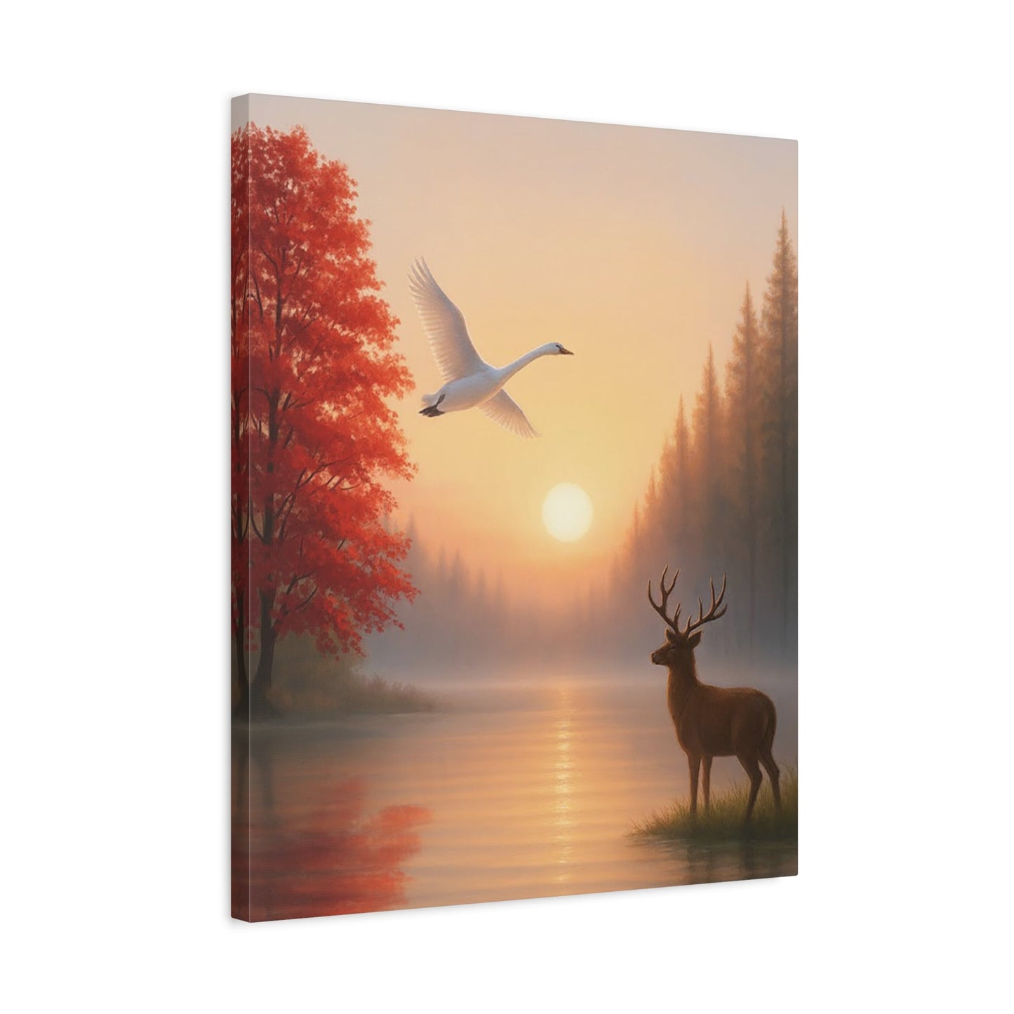 Wall art stretched canvas depicting a serene dawn with a flying swan, a deer by the lake, and a glowing sunrise over misty waters