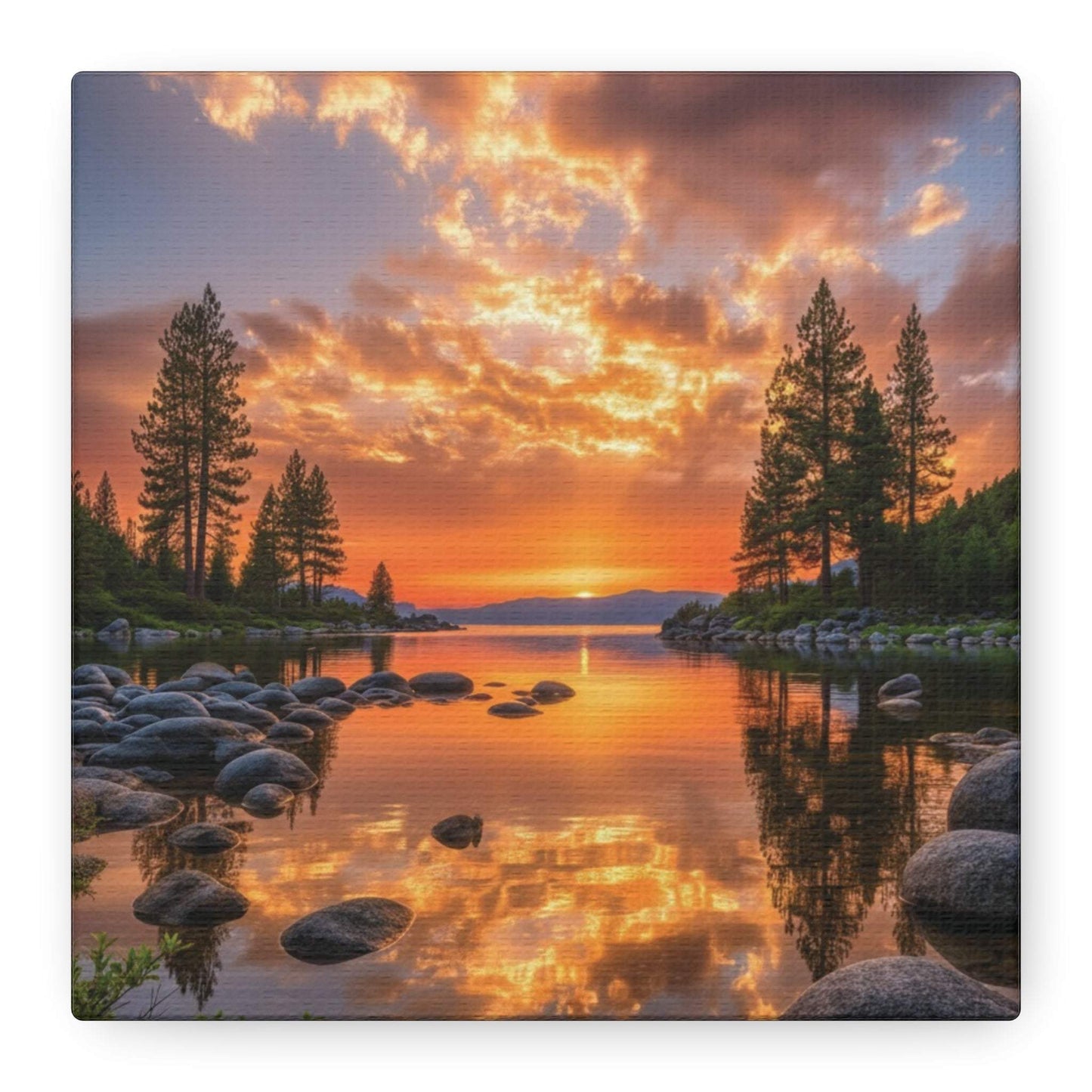 Canvas wall art depicting a vibrant sunrise over an evergreen path with pine trees and reflective water.