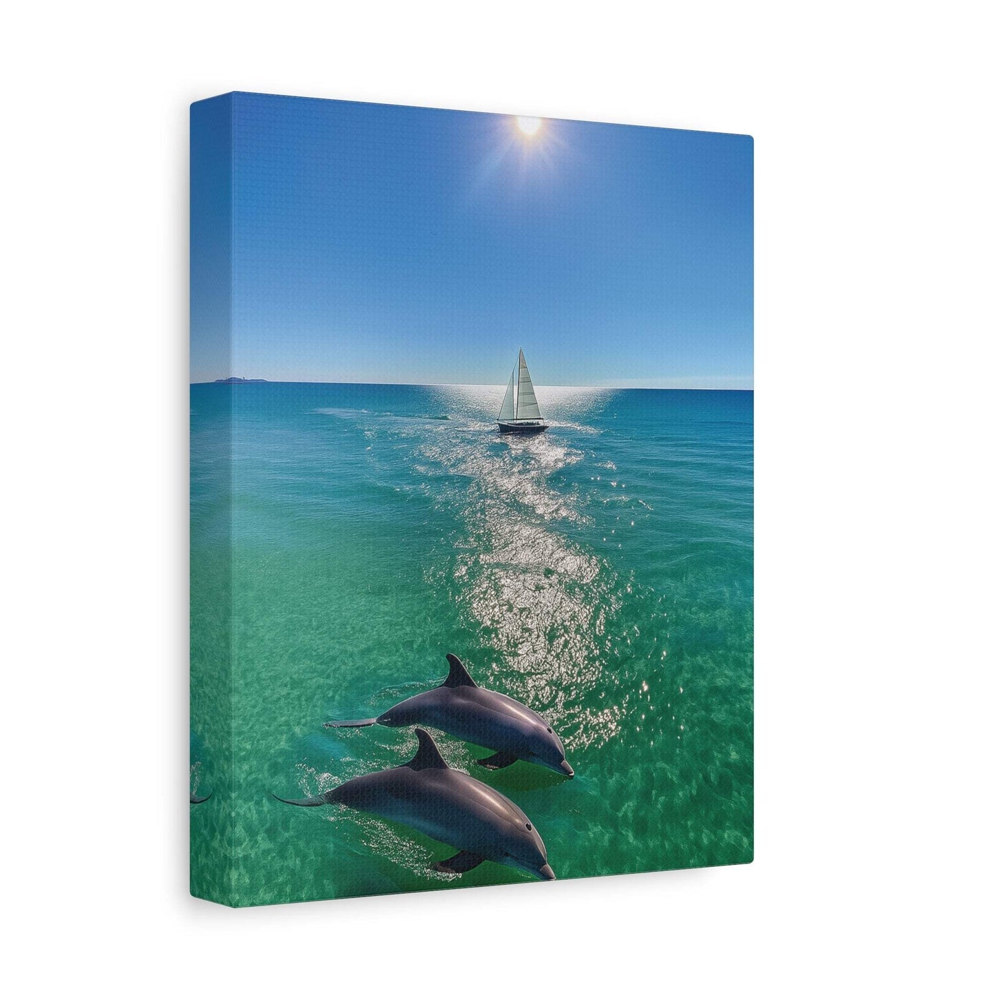 Wall art canvas print of sailboat and dolphins playing in the sun over ocean waters