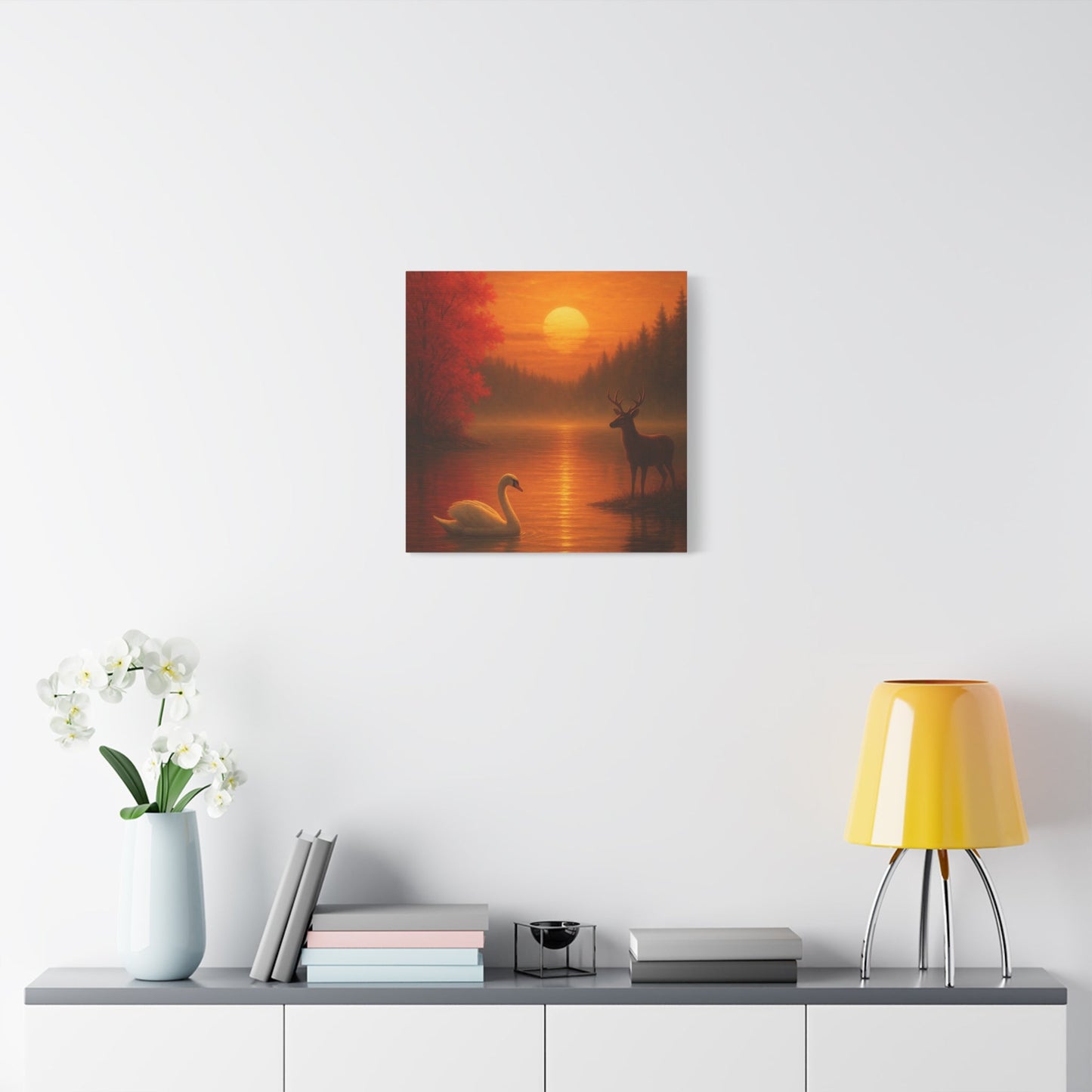 Dusk on the autumn lake sunset canvas art with swan, deer, fiery sun, and crimson maple leaves