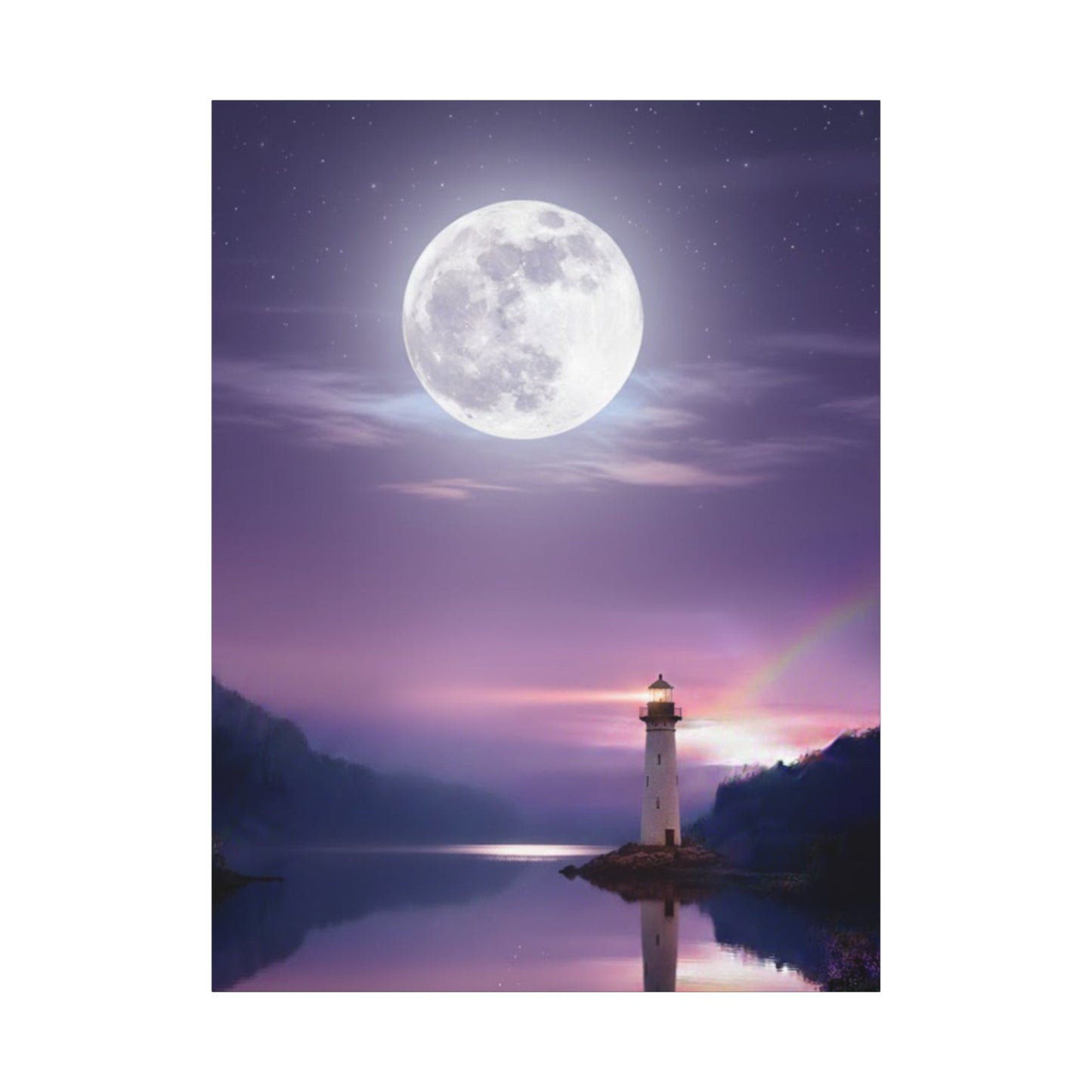 Canvas wall art of a full moon over a lighthouse reflecting on a calm lake in violet and indigo hues.