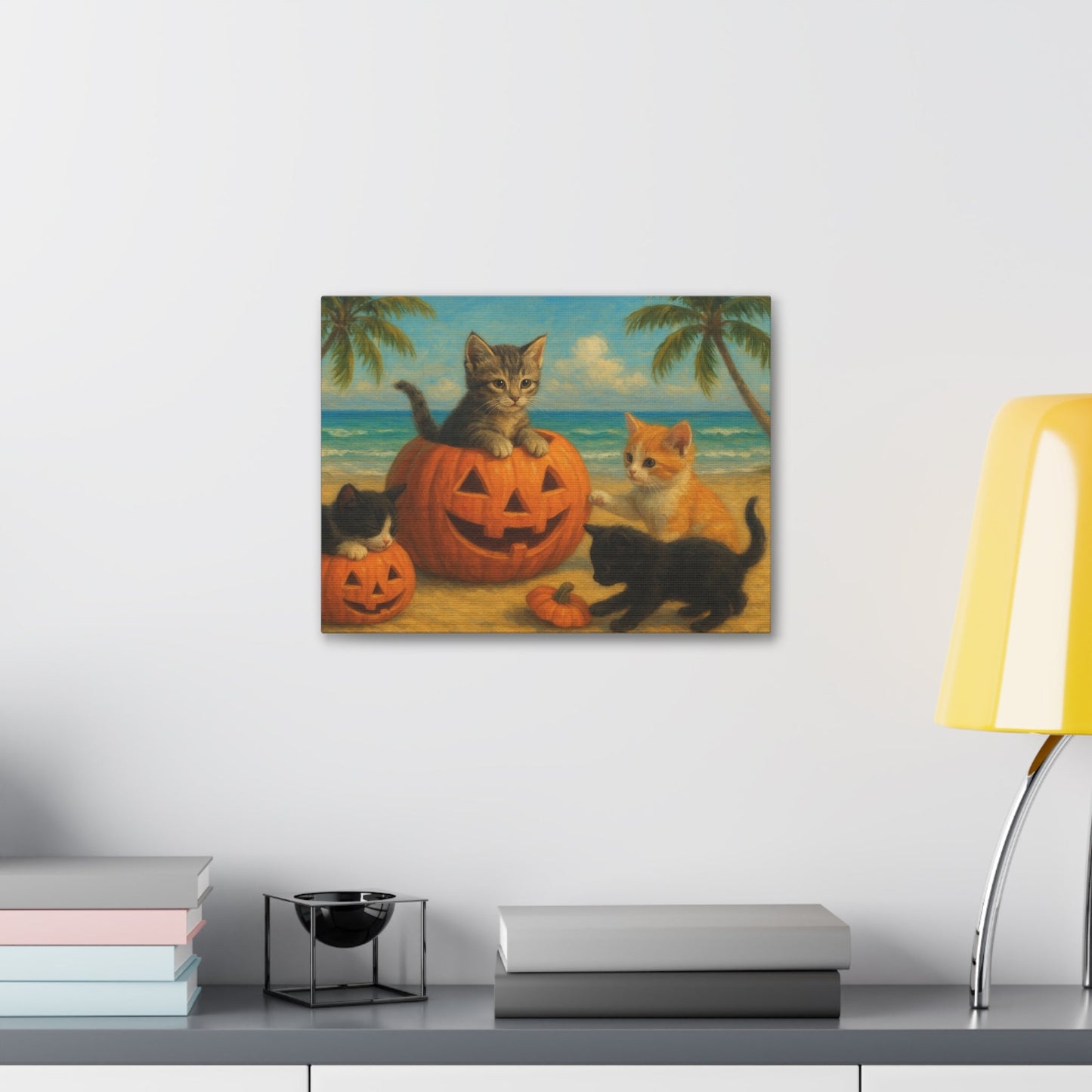 Canvas-Pumpkin Kittens wall art with kittens and pumpkins on beach, cozy autumn and Halloween decor for cat lovers.