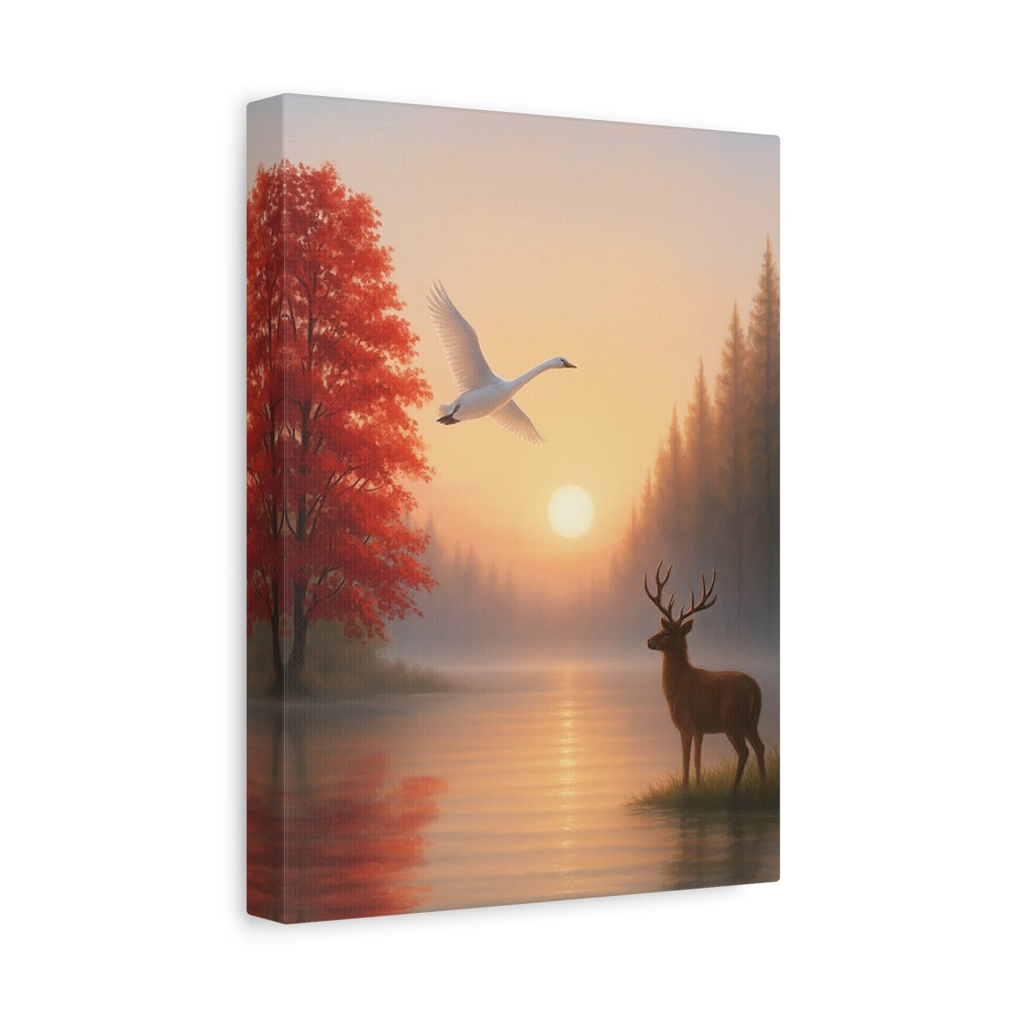 Wall Art Stretched canvas featuring dawn sunrise with deer and swan over tranquil lake